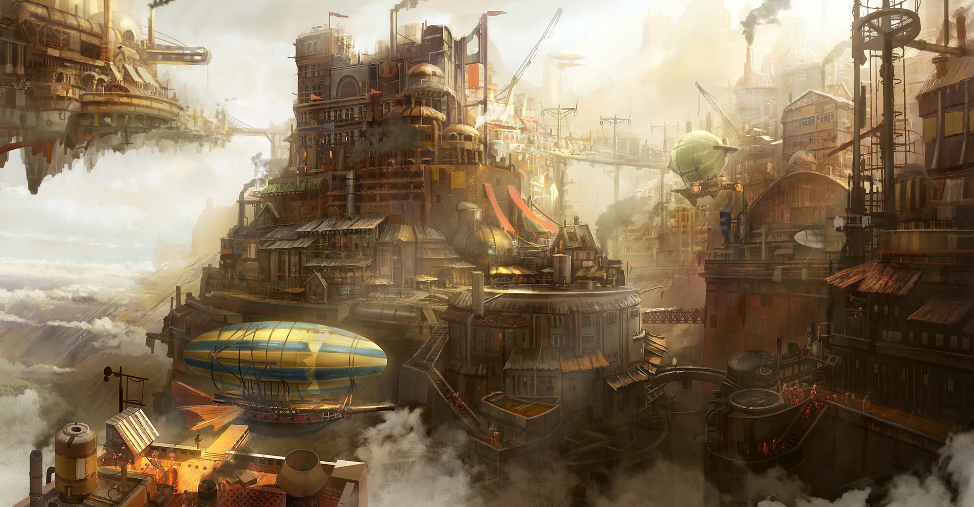 General 2000x1042 steampunk airships clouds digital art city artwork fantasy art fantasy city cityscape