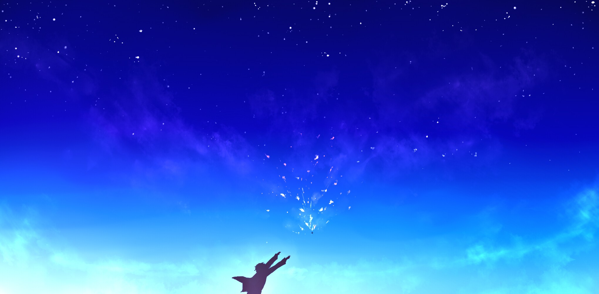Anime 2039x1000 Kanbara Akihito Kyoukai no Kanata anime sky stars arms up
