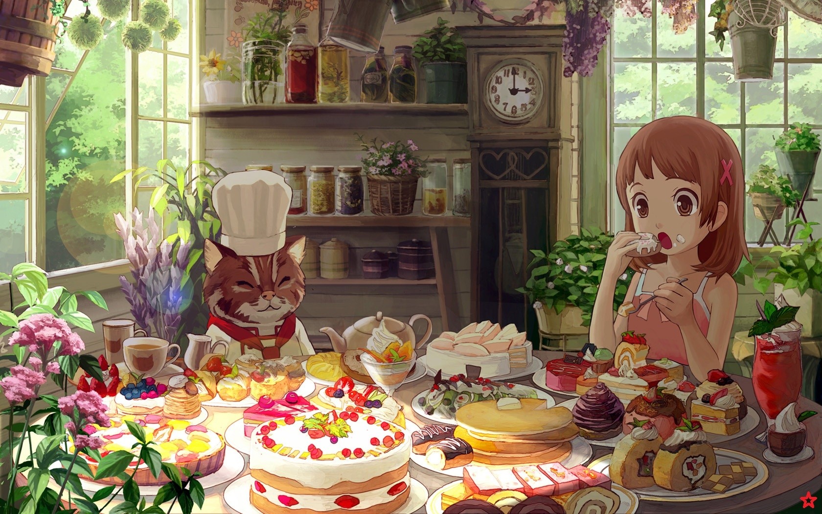Anime 1680x1050 anime girls food sweets anime cake anime girls eating open mouth indoors clocks brunette