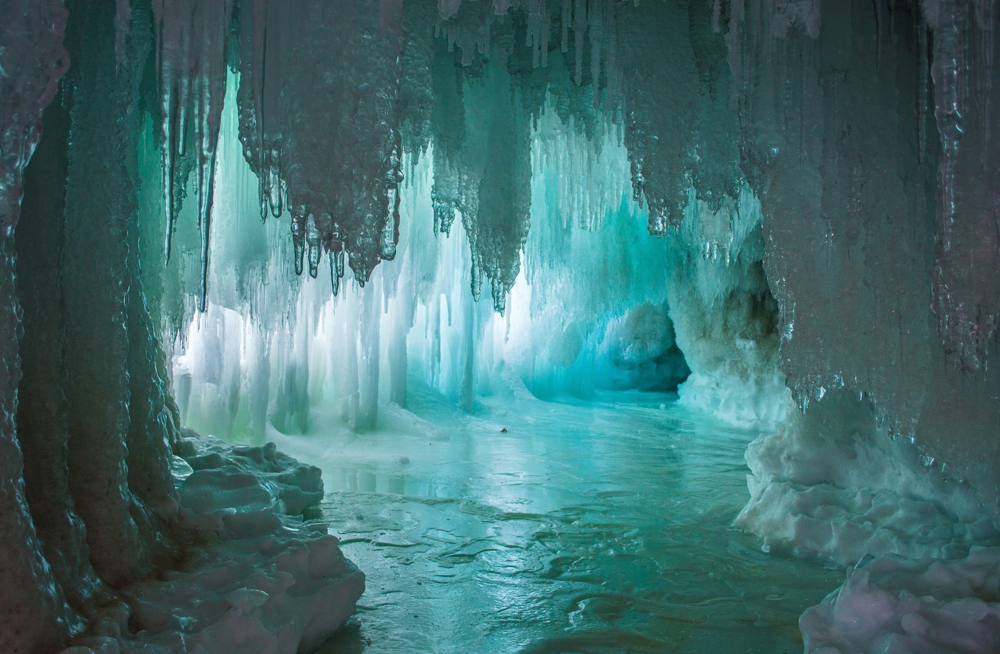 General 2048x1340 nature cave sunlight ice frost glacier icicle snow turquoise cyan