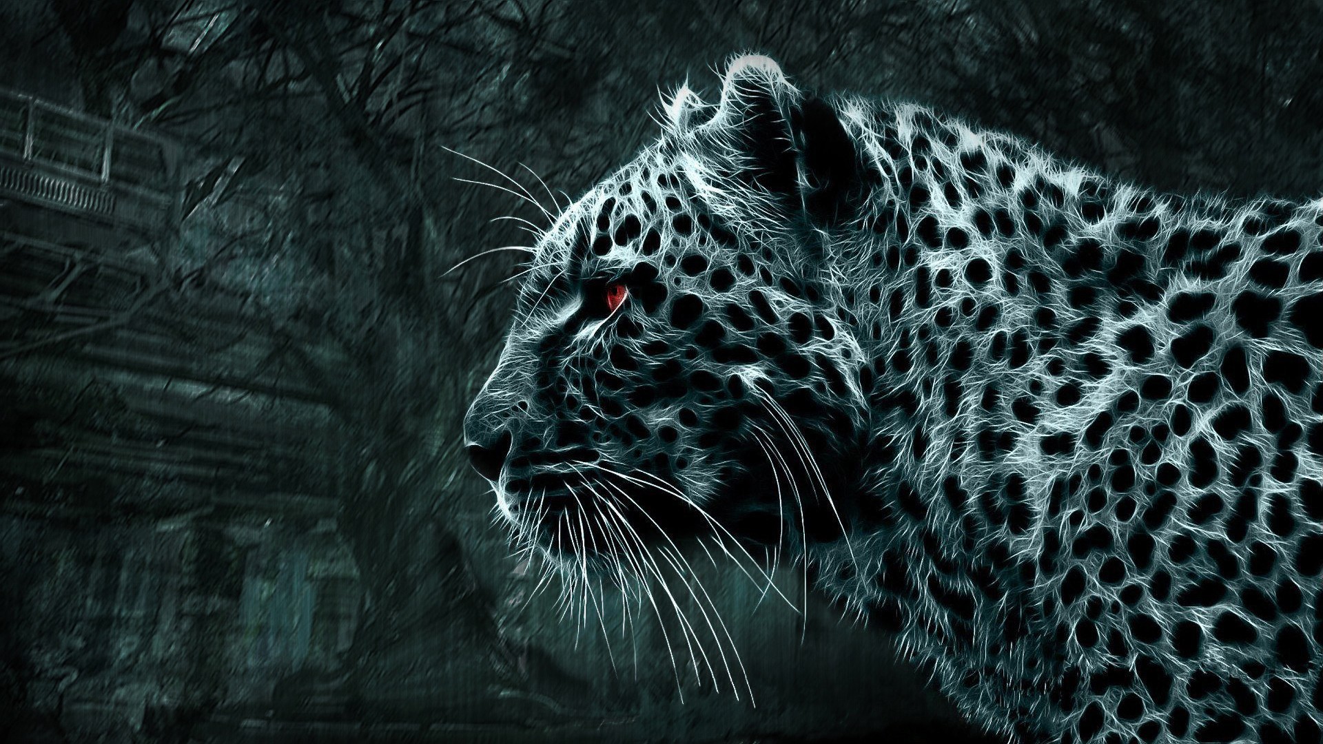 General 1920x1080 animals digital art Fractalius big cats red eyes mammals leopard