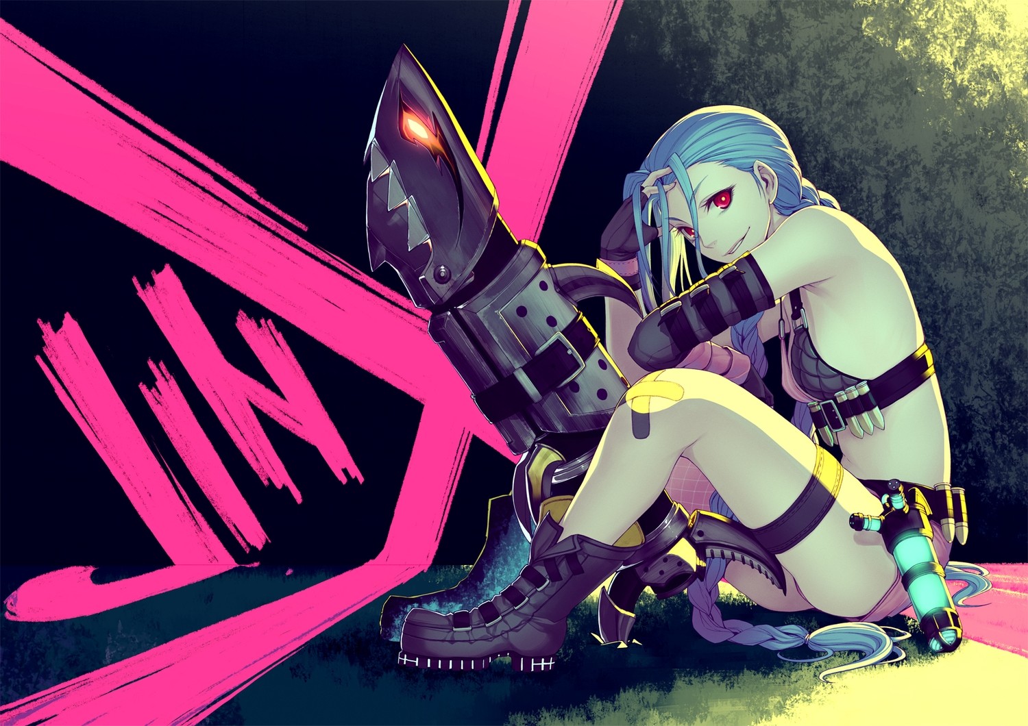 General 1500x1060 Jinx (League of Legends) League of Legends anime girls anime PC gaming blue hair red eyes legs boots sitting looking at viewer smiling video game art video game girls video game characters