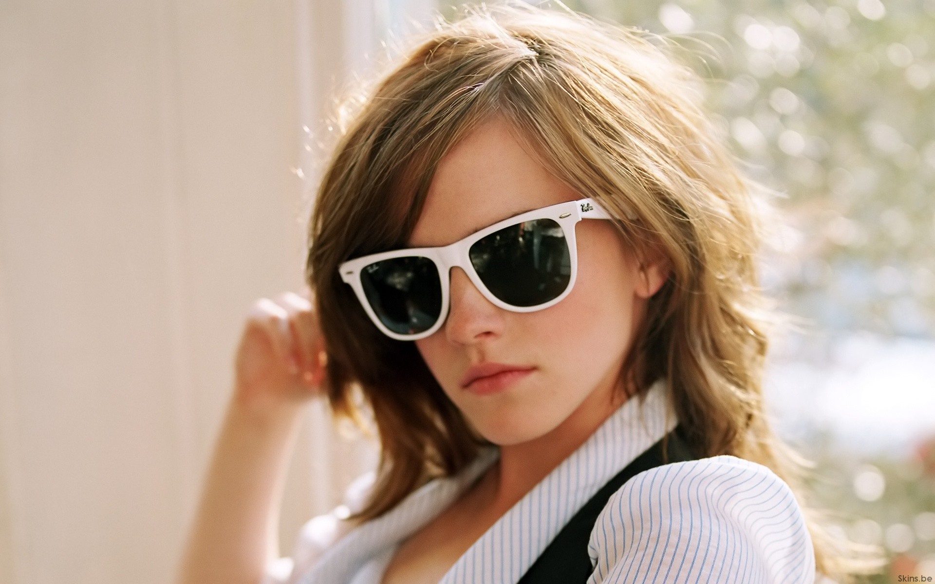 People 1920x1200 Emma Watson blonde face women with glasses actress celebrity Ray-Ban women with shades sunglasses women indoors indoors women White glasses closeup watermarked