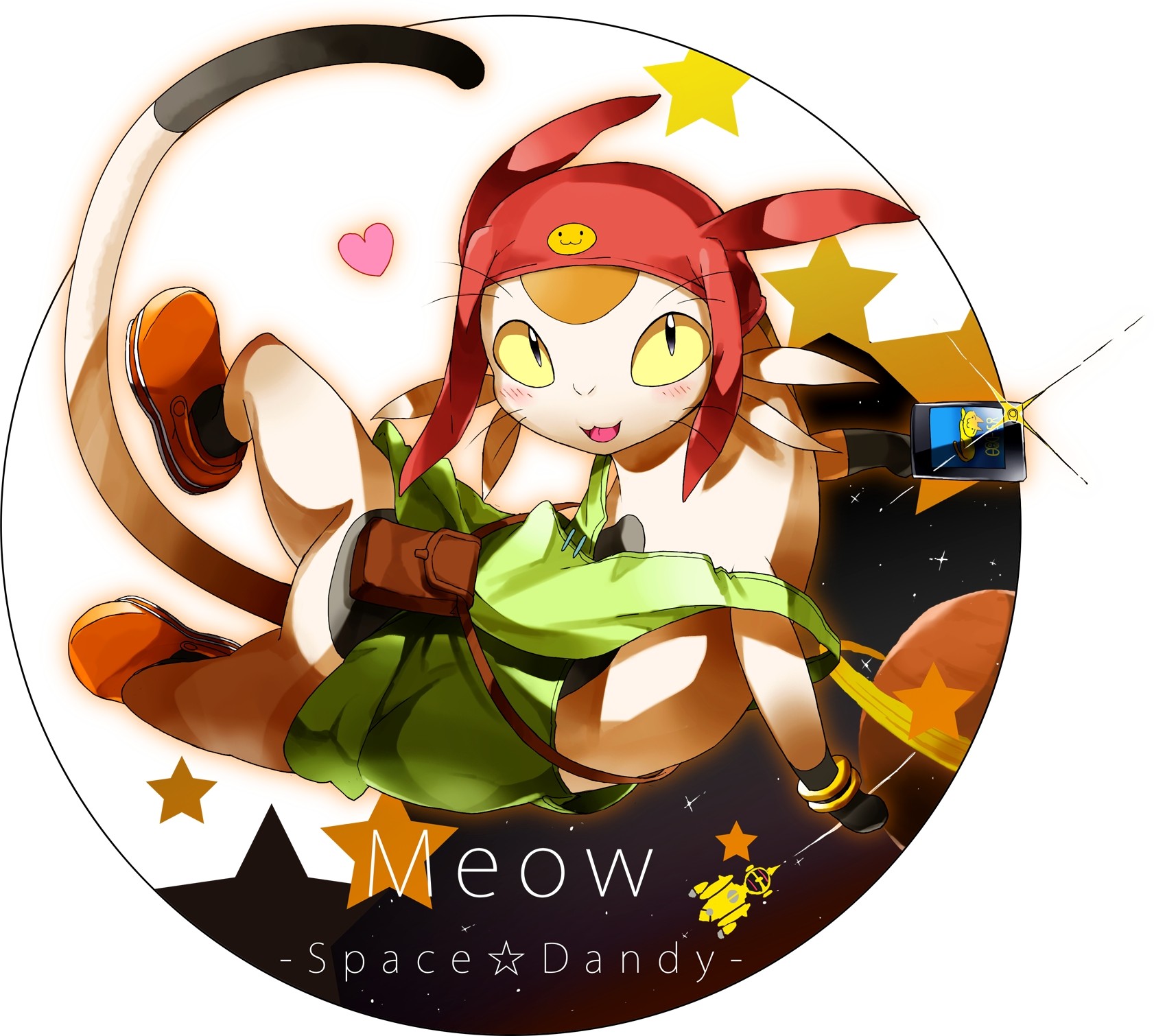 Anime 1682x1510 Space Dandy Meow (Space Dandy) artwork Dandy (Space Dandy) Adélie (Space Dandy) yellow eyes tail Pixiv heart (design) simple background
