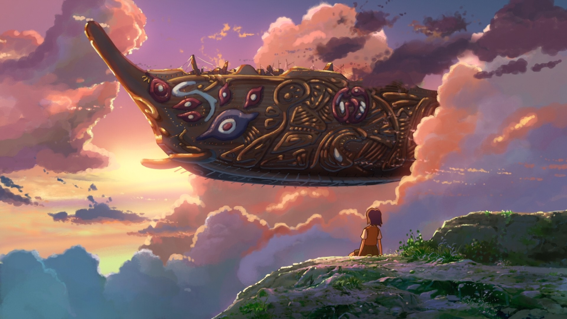 Anime 1920x1080 Hoshi wo Ou Kodomo anime sky Children Who Chase Lost Voices Makoto Shinkai  fantasy art vehicle airships anime girls sunlight clouds