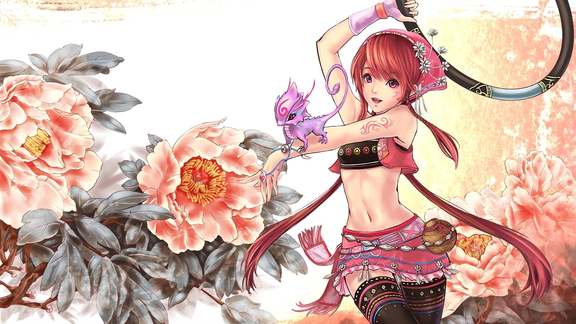 Anime 1920x1080 anime anime girls redhead original characters soft shading belly button flowers belly dragon creature plants stockings long hair purple eyes inked girls simple background beige background Chinese dragon