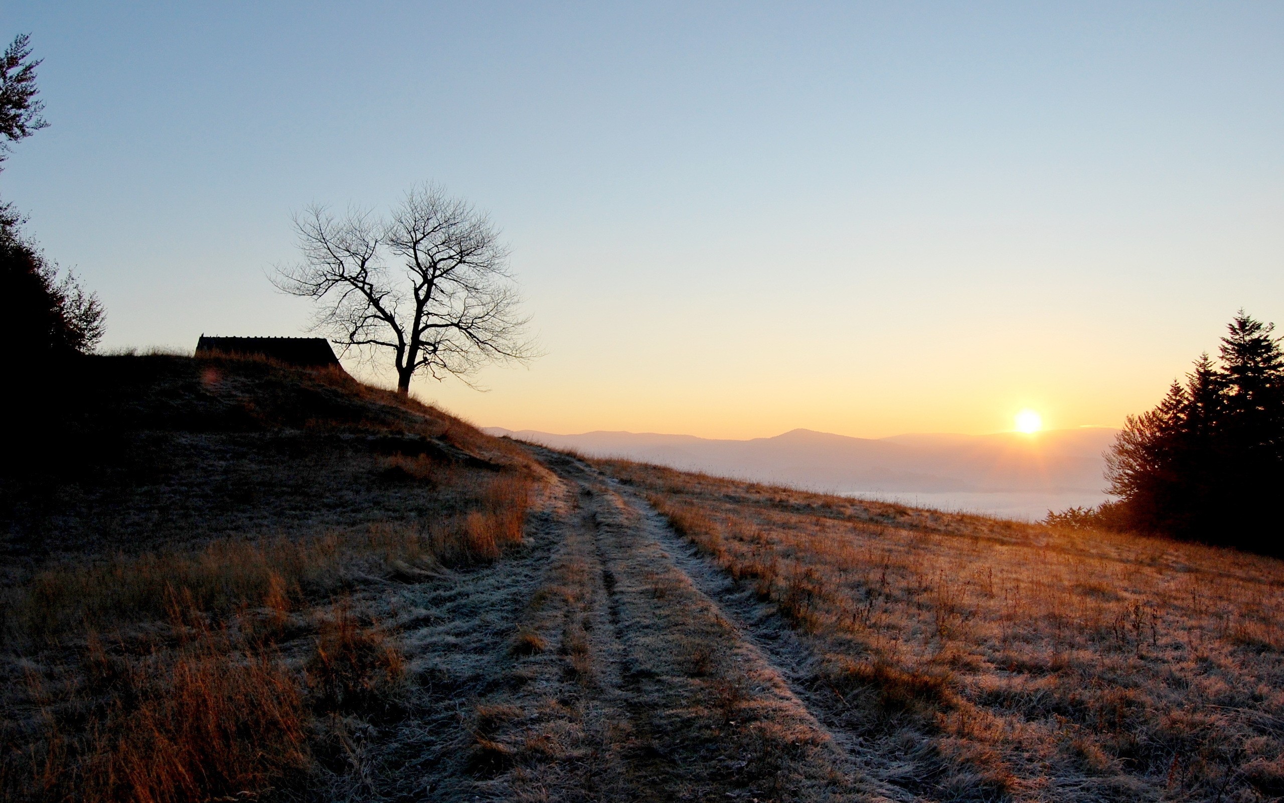 General 2560x1600 landscape mountains sunrise morning winter frost path far view