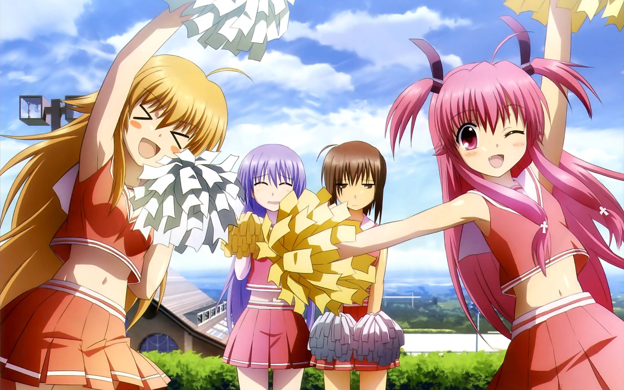 Anime 2560x1600 Angel Beats! anime girls anime pink hair blonde purple hair cheerleaders group of women arms up open mouth pompon long hair belly one eye closed pink eyes