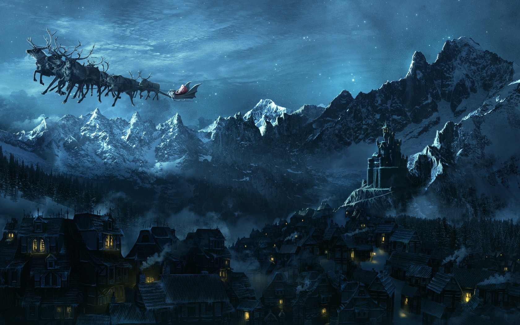 General 1680x1050 Christmas Santa Claus landscape fantasy art castle village night sky mountains reindeer