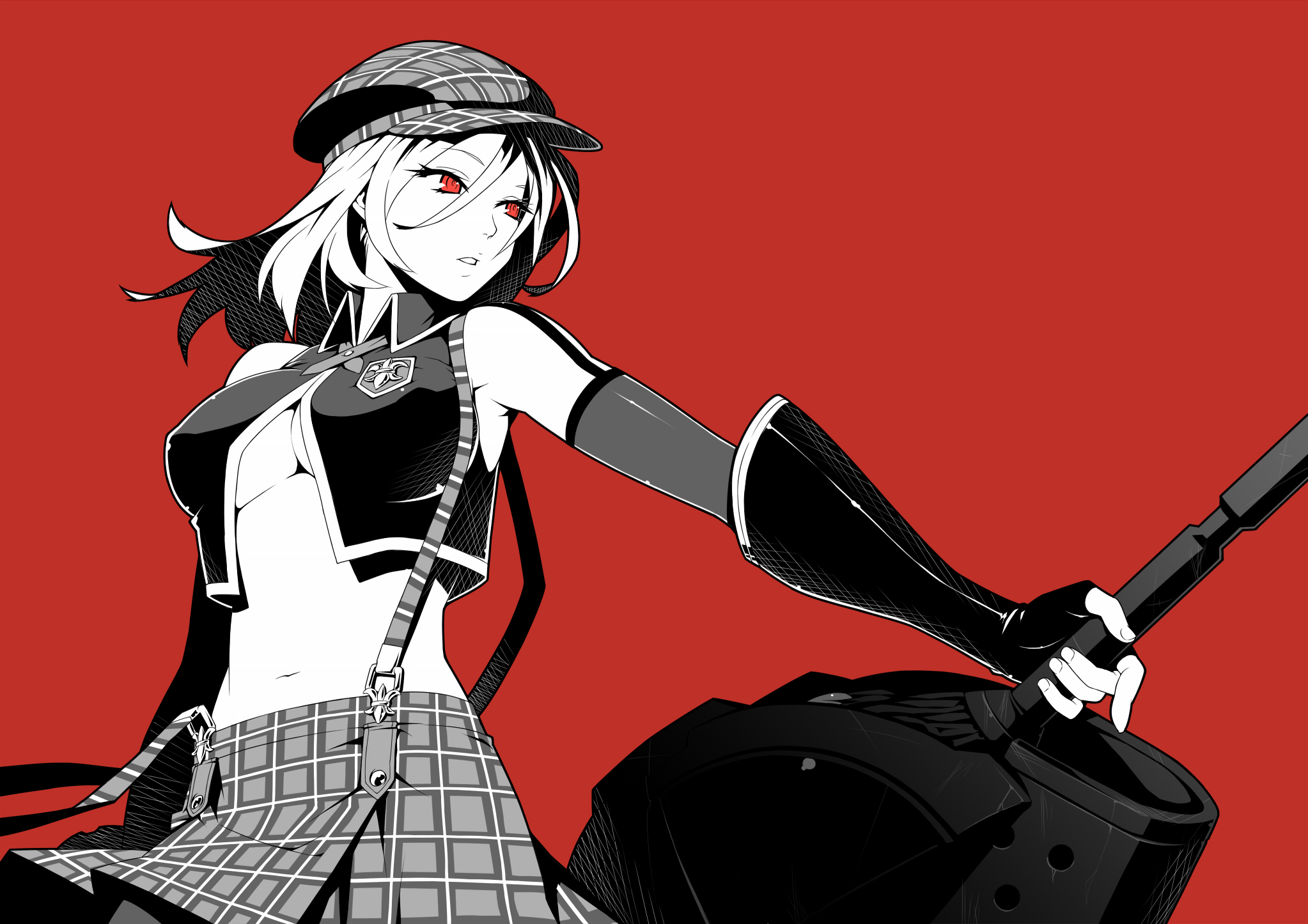 Anime 2046x1446 God Eater Alisa Ilinichina Amiella anime anime girls red eyes boobs big boobs belly hat simple background red background hair in face women long hair skirt plaid skirt