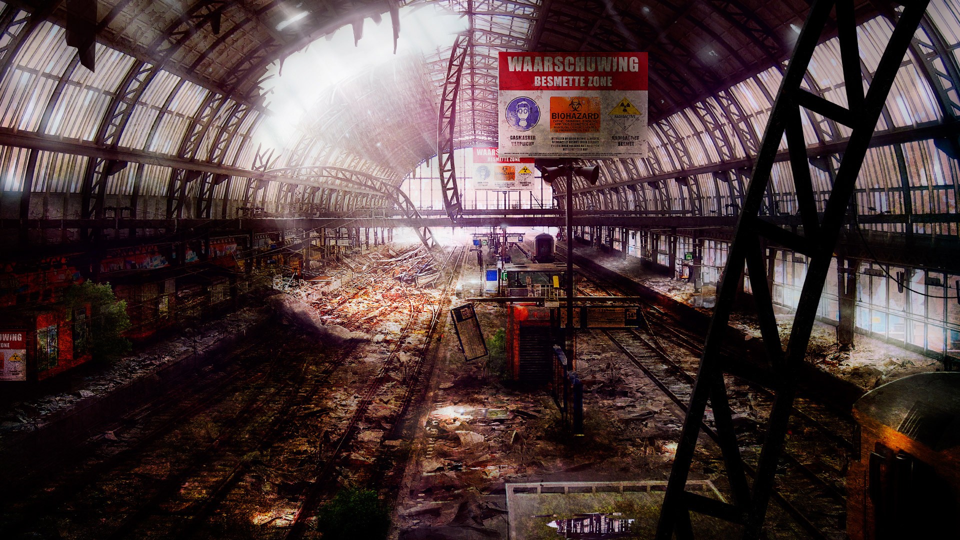 General 1920x1080 apocalyptic digital art train station old building abandoned artwork railway Netherlands ruins