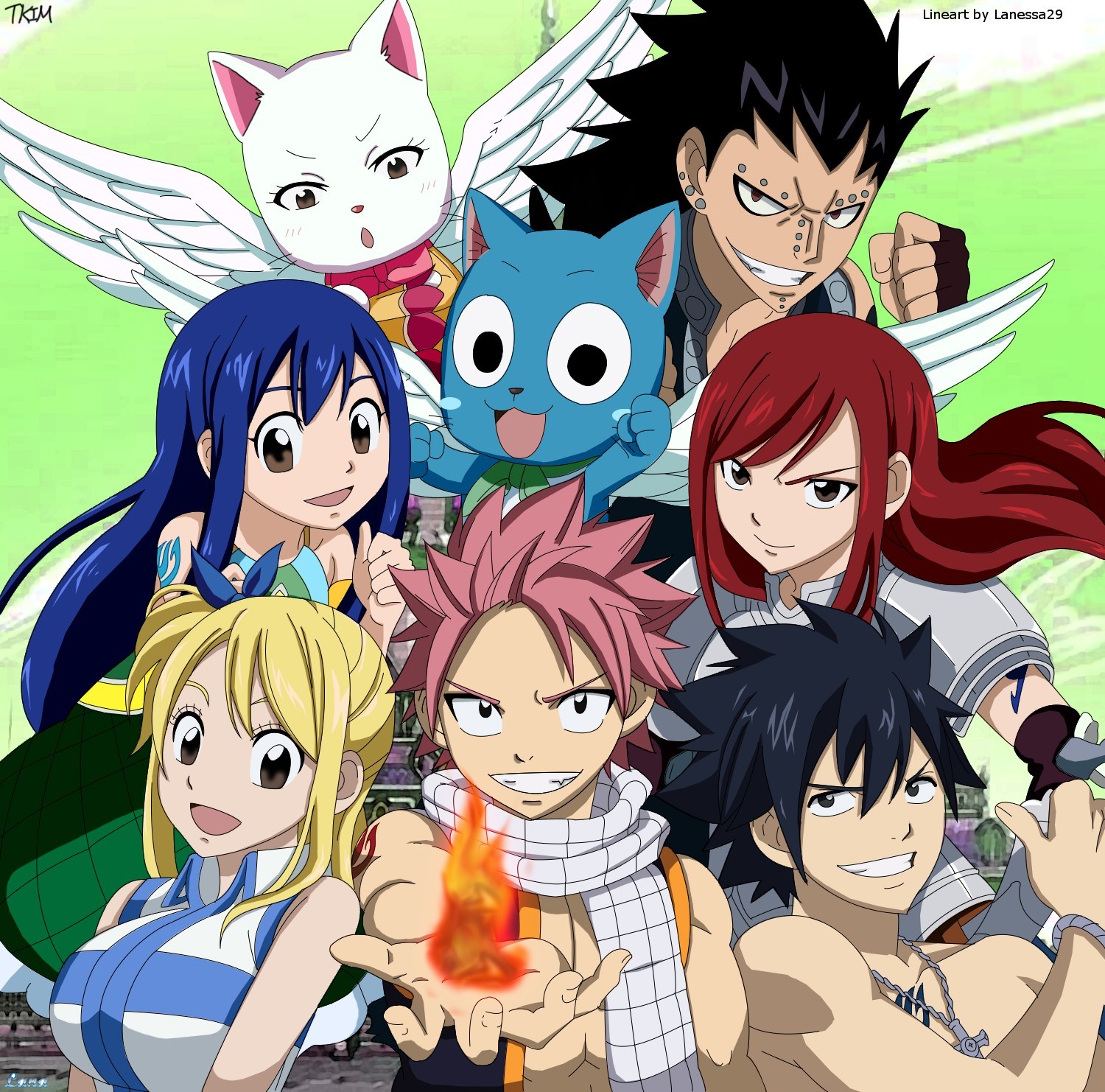 Anime 1500x1482 Fairy Tail Heartfilia Lucy  Dragneel Natsu Fullbuster Gray  Scarlet Erza Gajeel Redfox Marvell Wendy  Happy (Fairy Tail) anime anime girls anime boys redhead blue hair blonde pink hair dark hair boobs big boobs looking at viewer