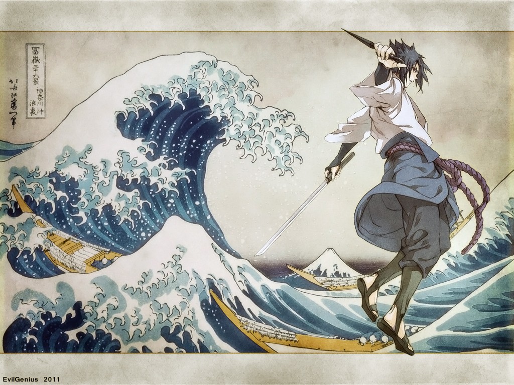 Anime 1024x768 Uchiha Sasuke The Great Wave of Kanagawa anime anime boys sword waves