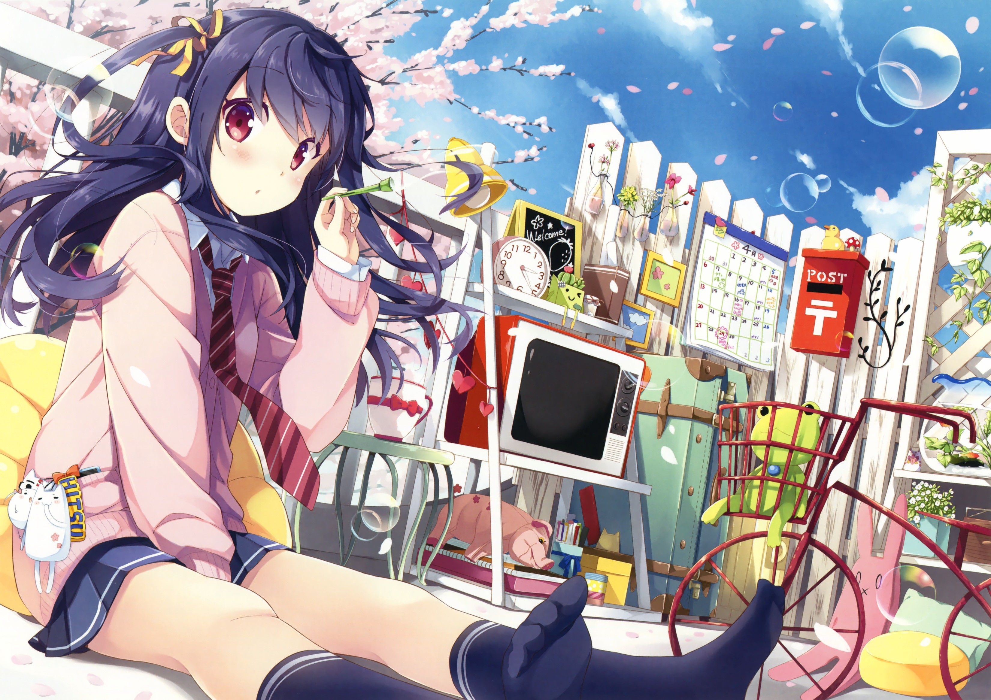 Anime 3300x2331 original characters school uniform Natsume Eri anime anime girls purple hair clocks TV bubbles toes