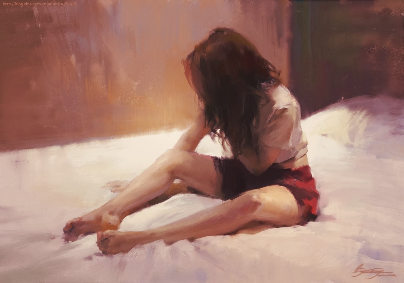 General 1350x945 painting women bed brunette artwork sitting women indoors barefoot in bed