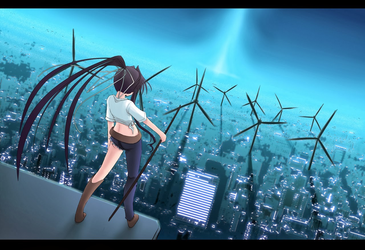 Anime 1280x879 anime To aru Majutsu no Index Kanzaki Kaori wind turbine anime girls cyan standing torn clothes cityscape sky rooftops