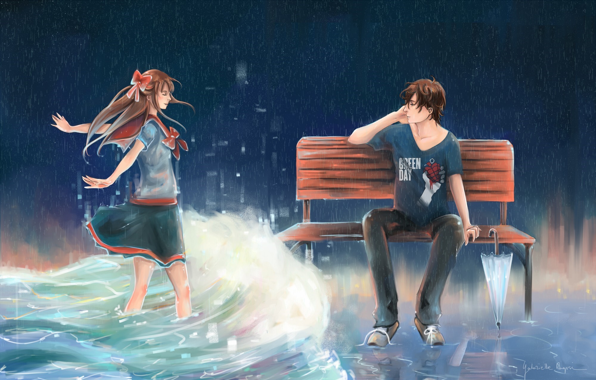 General 2000x1277 artwork anime girls anime boys water bench standing sitting umbrella brunette long hair closed eyes in water women men rain