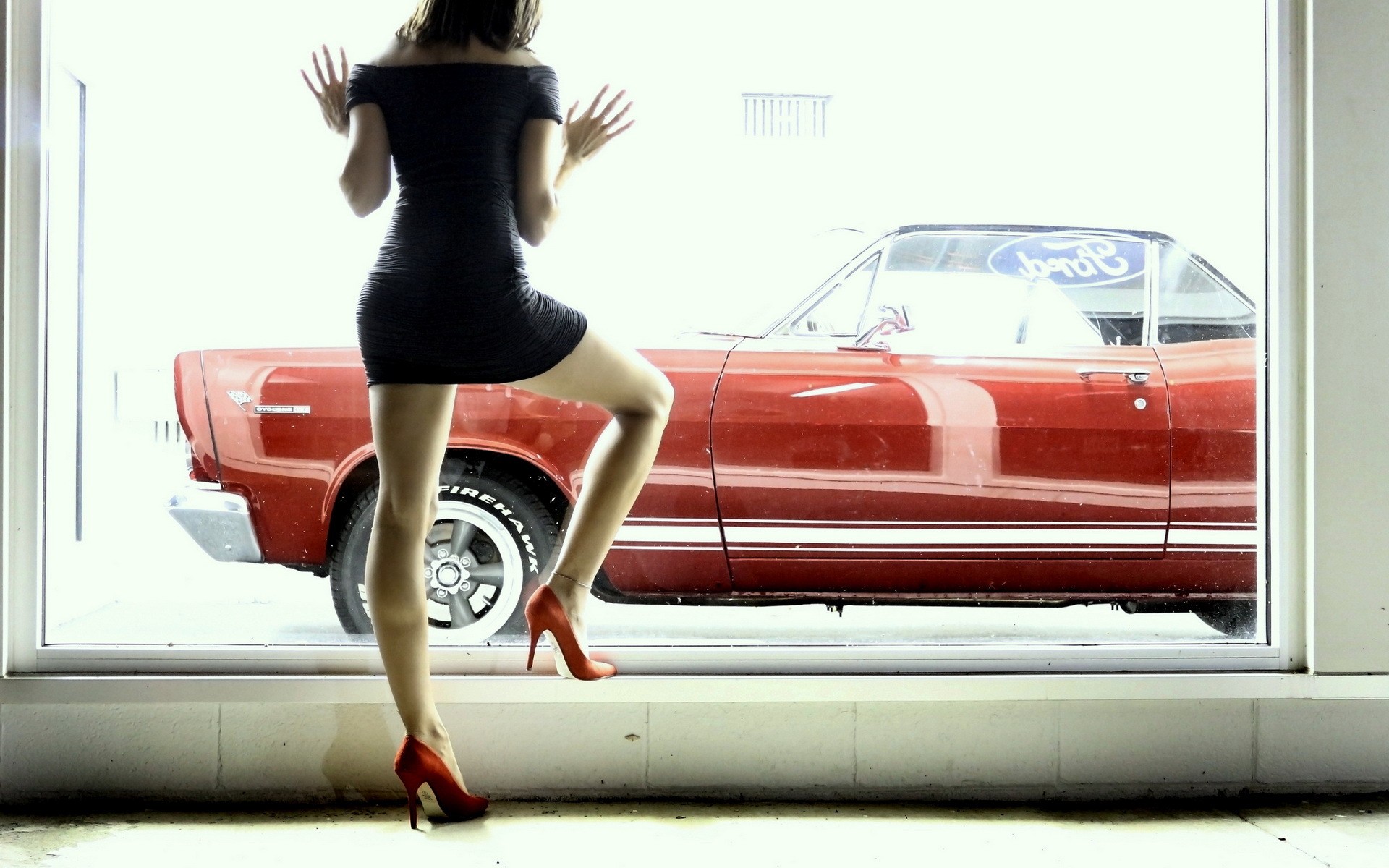 People 1920x1200 women model car vehicle high heels legs black dress red cars hands on glass heels red heels minidress dress standing women with cars