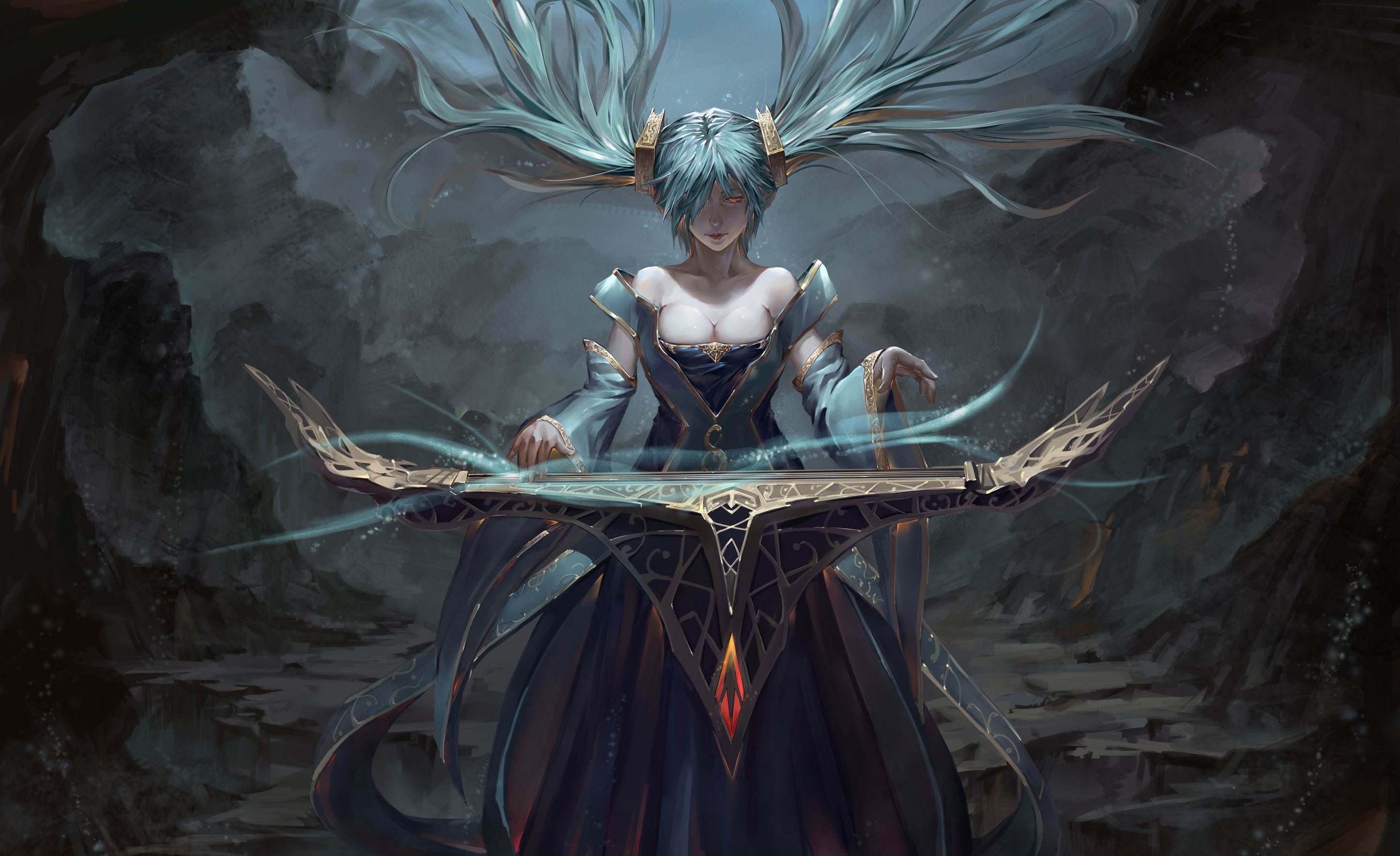 General 2894x1770 anime blue hair piano League of Legends Sona (League of Legends) cave musical instrument fantasy art video game art boobs dress cyan hair red eyes standing PC gaming video game girls