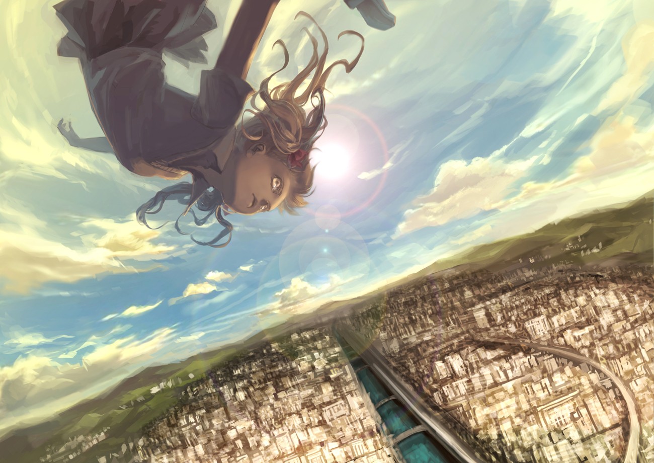 Anime 1300x920 anime landscape falling cityscape anime girls sky clouds