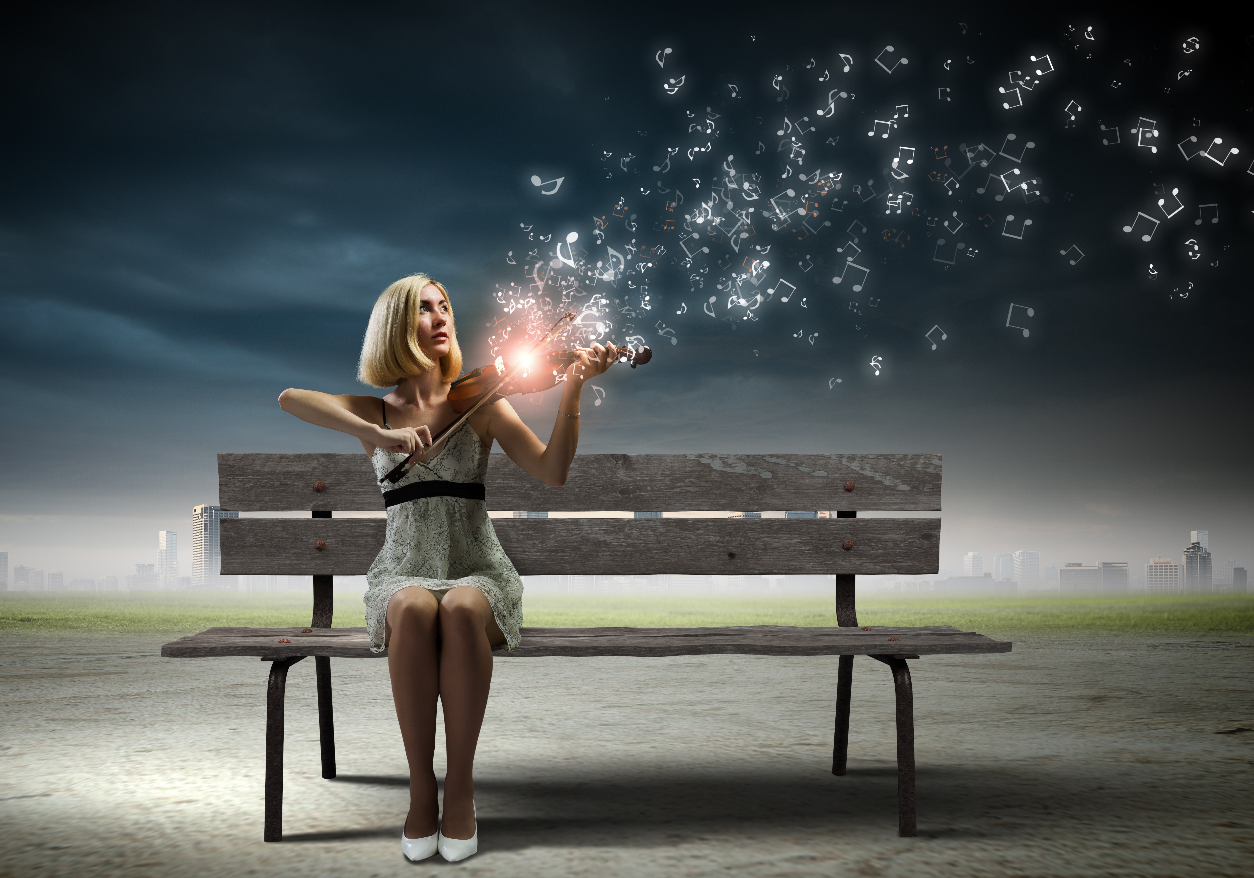 People 5000x3500 women model blonde long hair photo manipulation digital art minidress sitting bench playing violin musician music clouds lights cityscape women outdoors musical instrument legs together musical notes