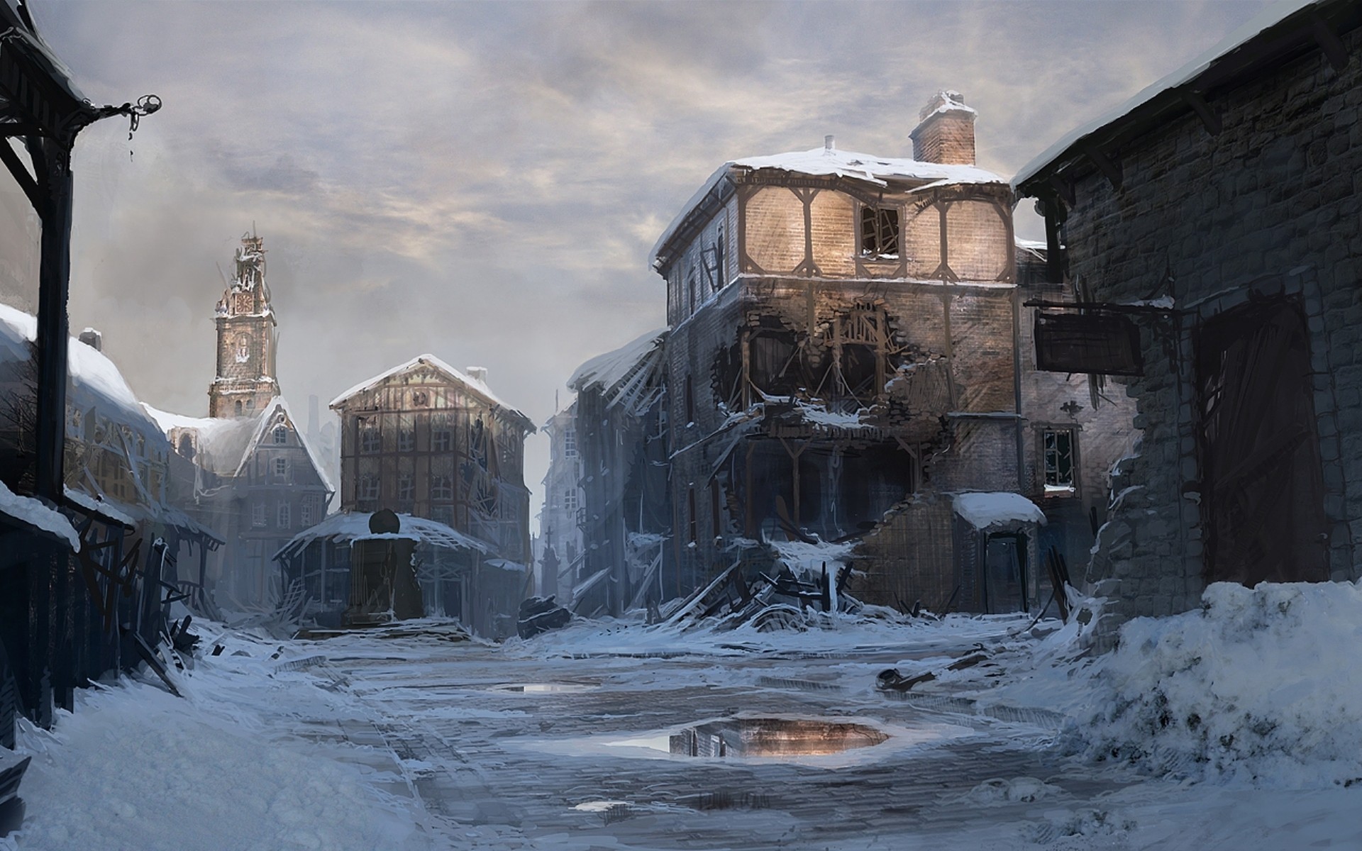 General 1920x1200 apocalyptic winter snow building ruins digital art