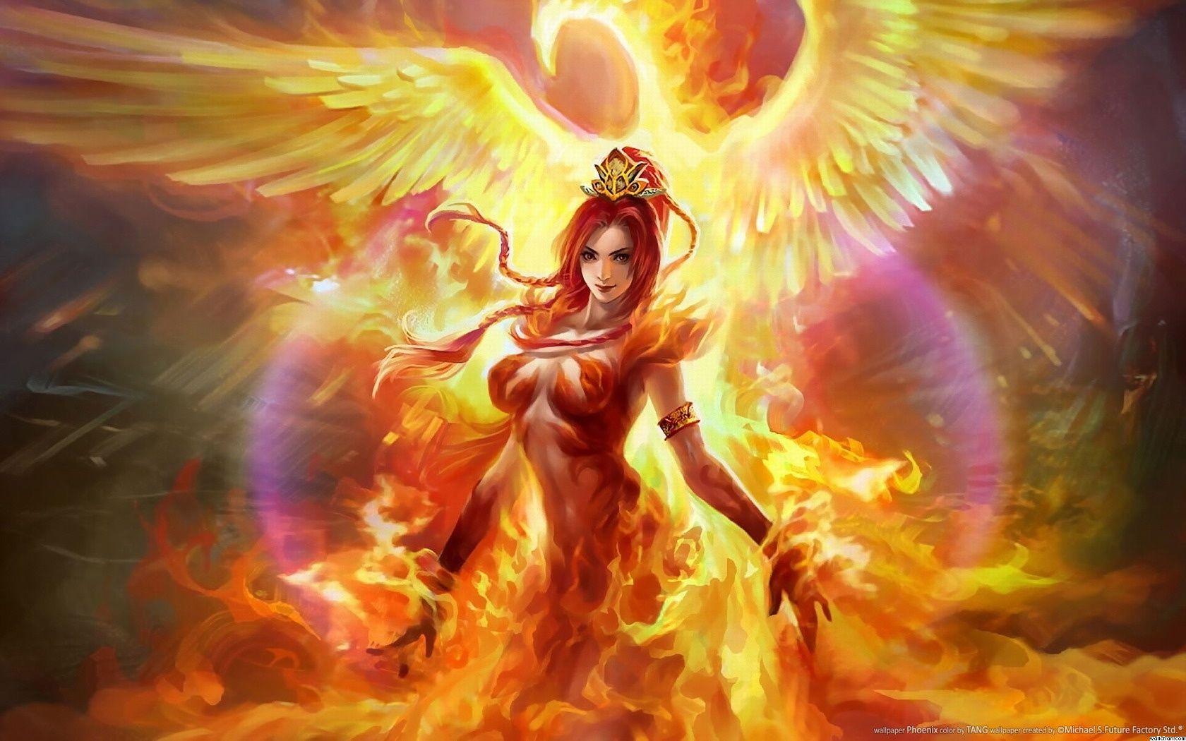 General 1680x1050 fantasy art fantasy girl erotic art  redhead boobs big boobs belly standing fire magic colorful