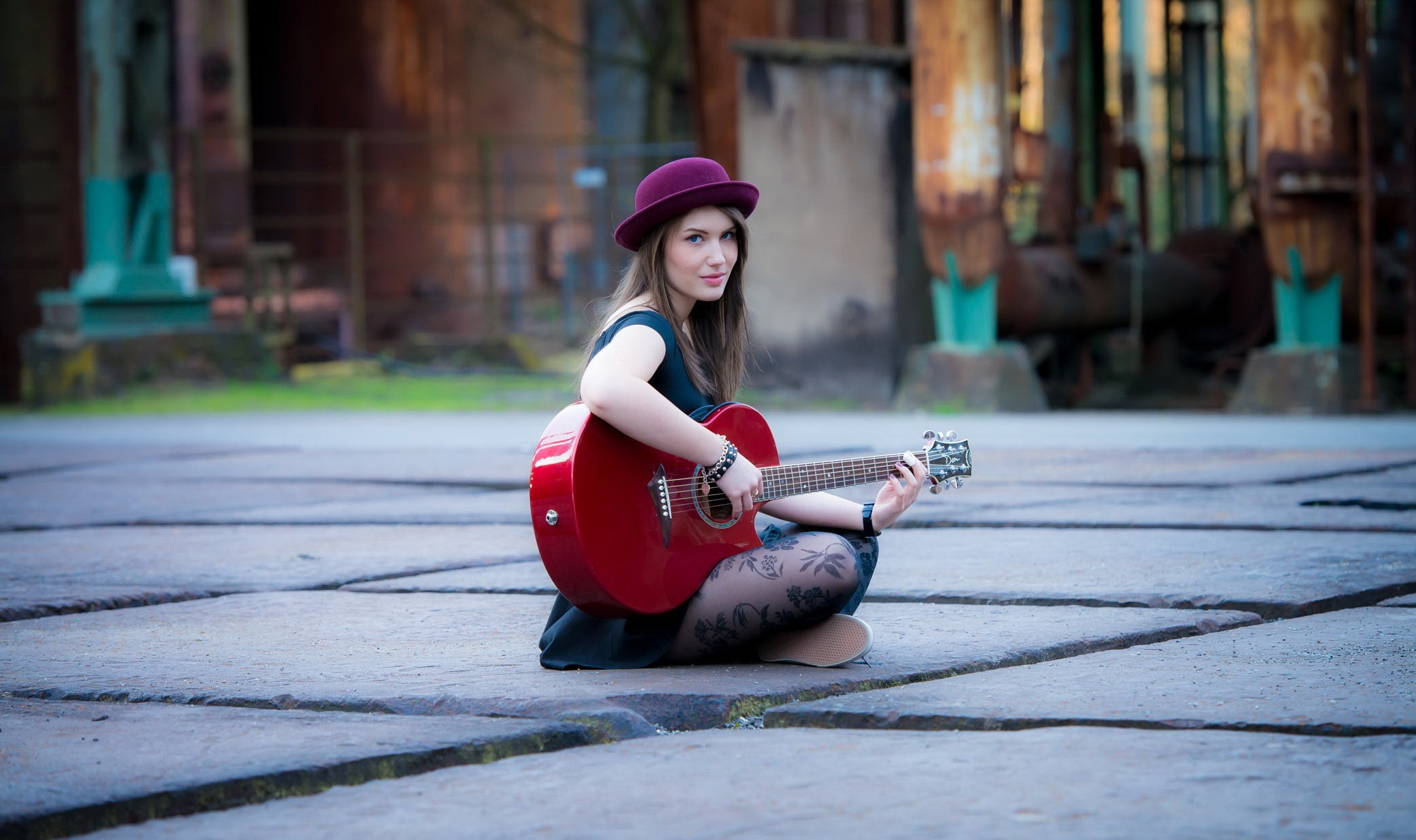People 2078x1233 women model brunette long hair sitting guitar hat women outdoors tiles looking at viewer blue eyes playing street urban street music pantyhose millinery musical instrument women with hats blue dress closed mouth young women