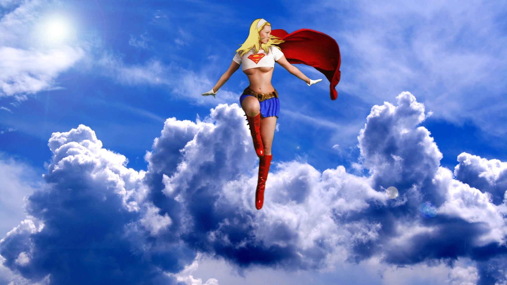 General 1920x1080 digital art DC Comics Supergirl women CGI superheroines cape boobs belly miniskirt legs boots sky clouds blonde Powergirl