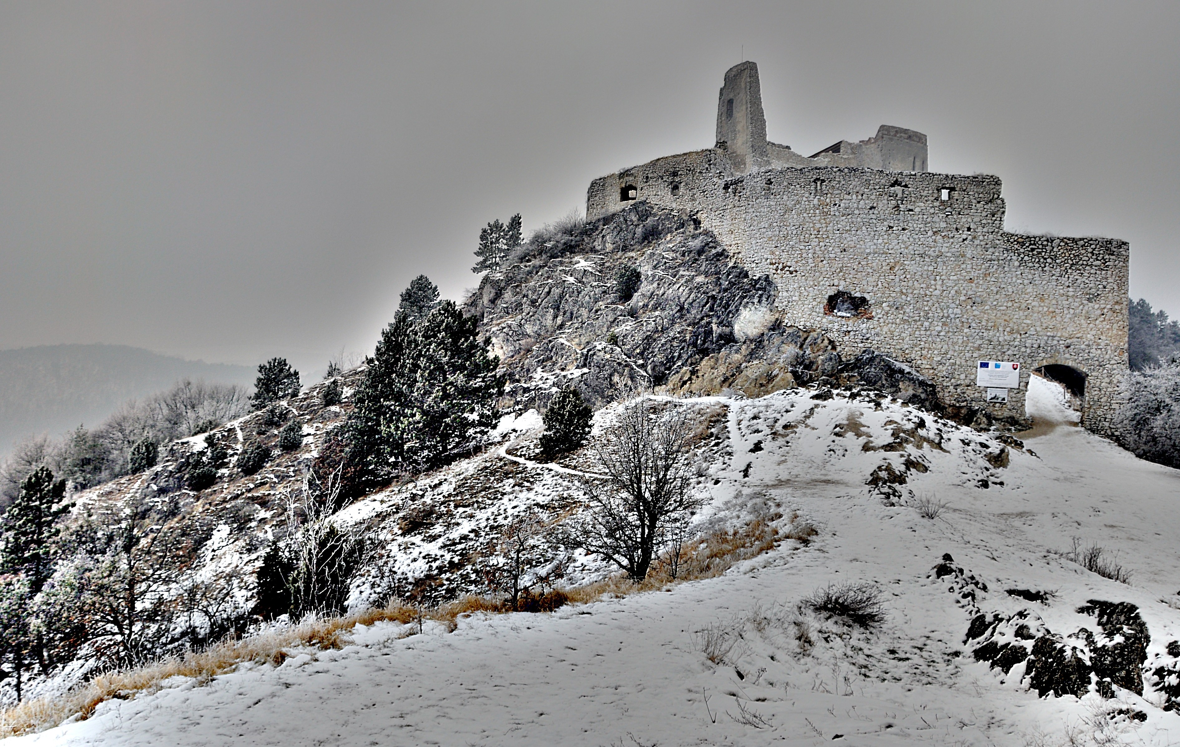 General 3781x2395 castle nature Slovakia hills rocks trees winter snow ancient ruins ice cold outdoors