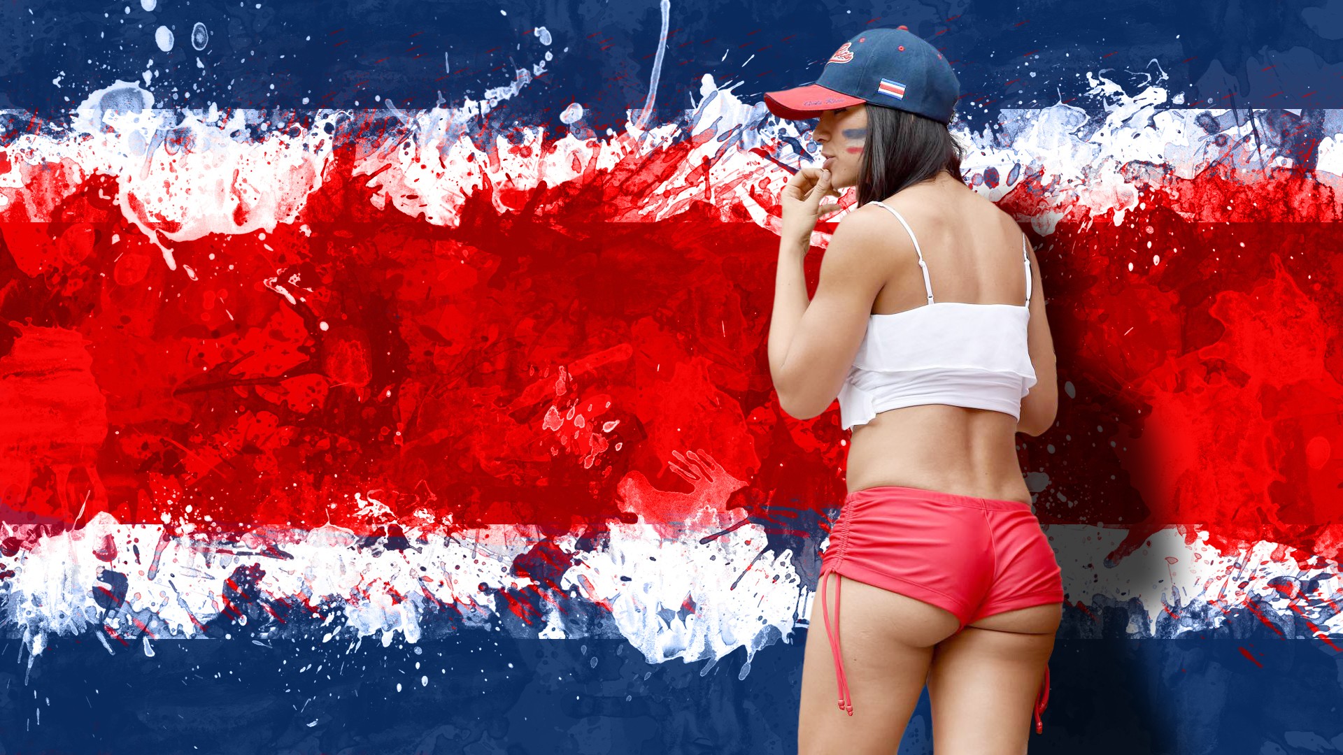 People 1920x1080 Costa Rica  tight clothing soccer ass women flag hat model soccer girls rear view standing women with hats