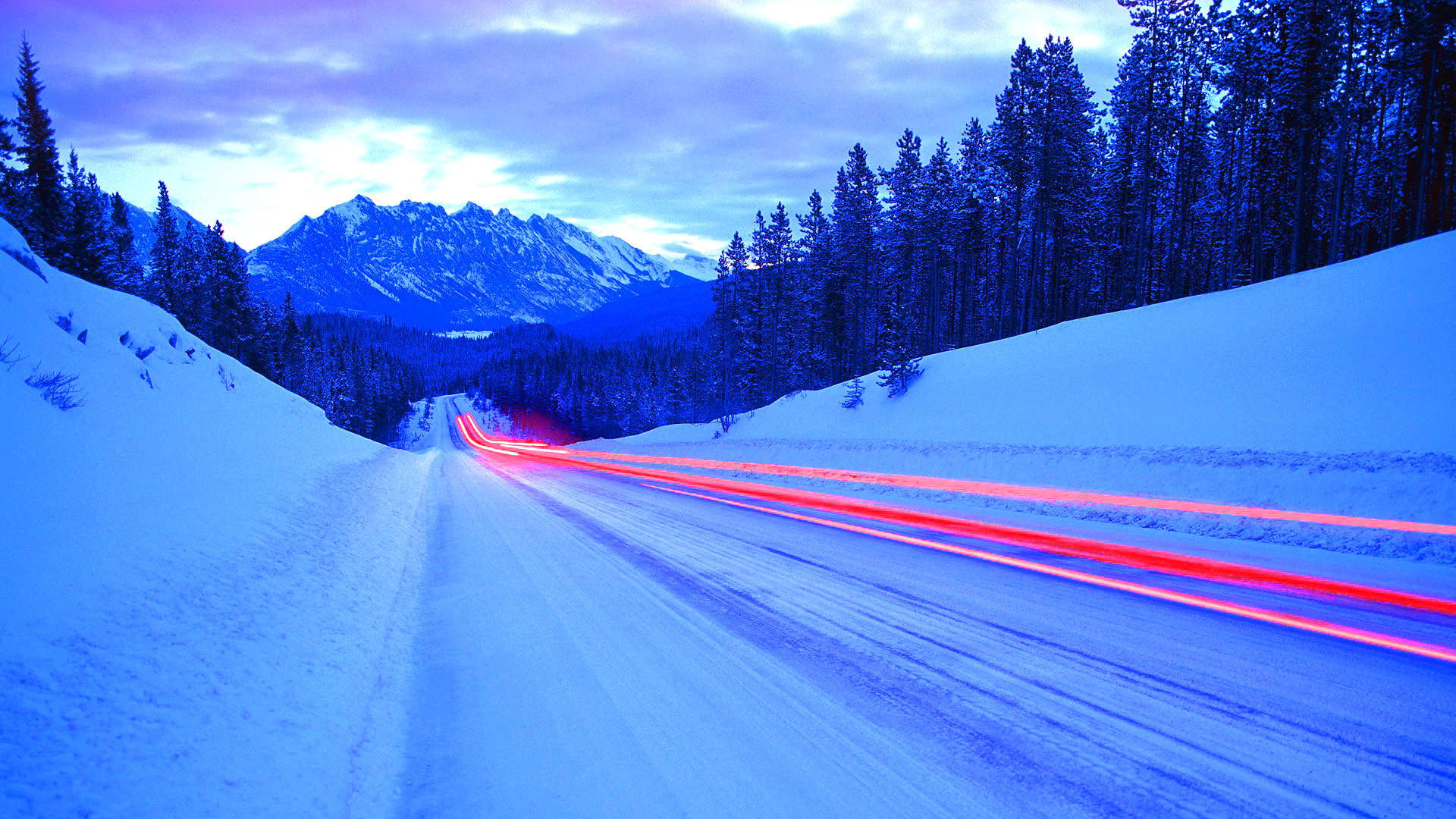 General 1920x1080 landscape nature snow long exposure light trails road traffic winter mountains