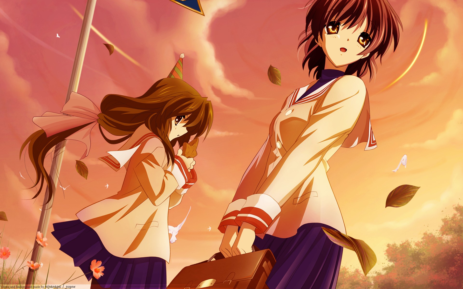 Anime 1920x1200 anime girls anime Clannad Furukawa Nagisa Ibuki Fuko two women windy women outdoors sky brunette