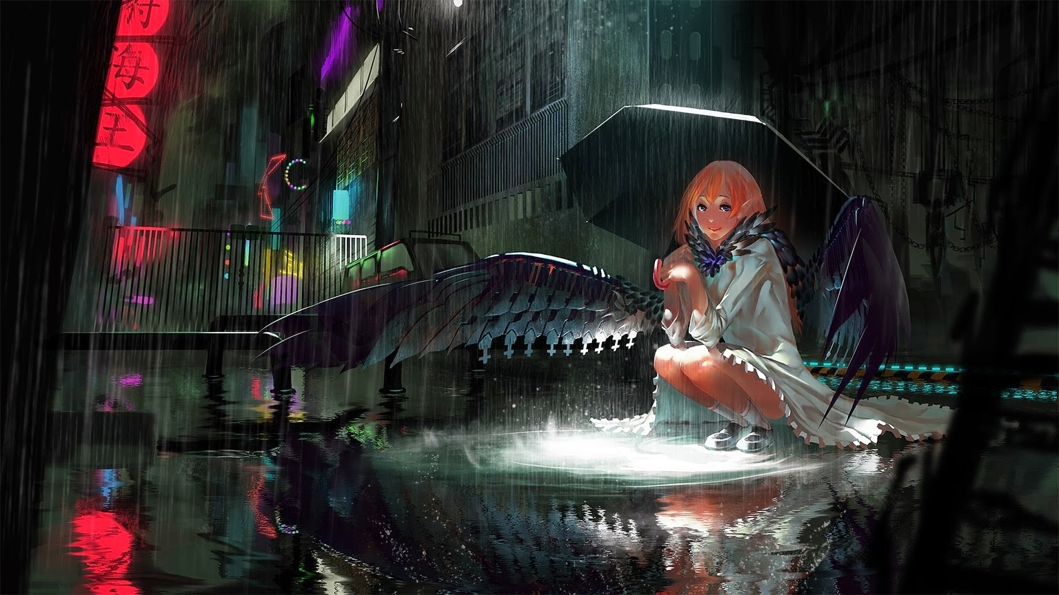 Anime 1536x864 rain umbrella wings sunlight anime girls anime women with umbrella squatting night city looking at viewer redhead