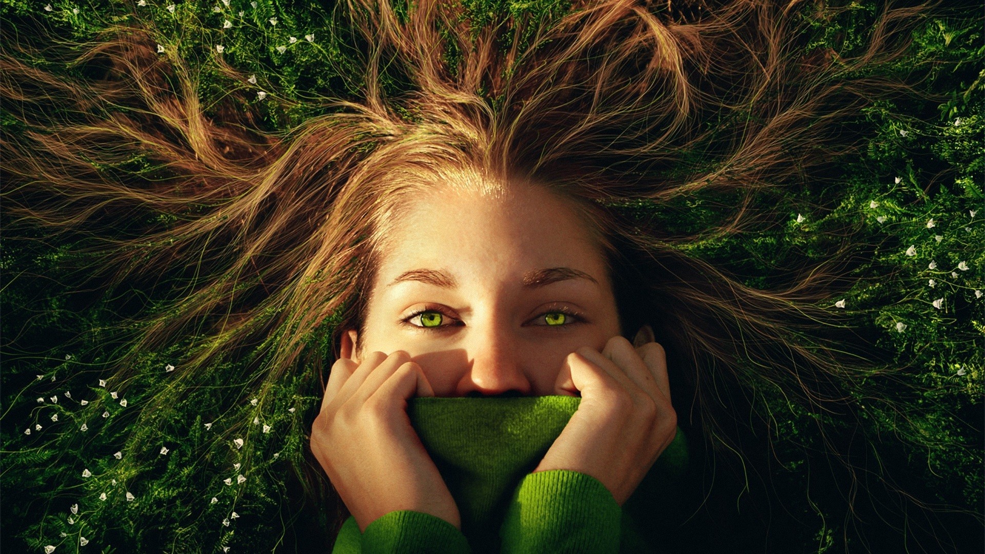 People 1920x1080 women effects face green eyes grass looking up plants photo manipulation looking at viewer
