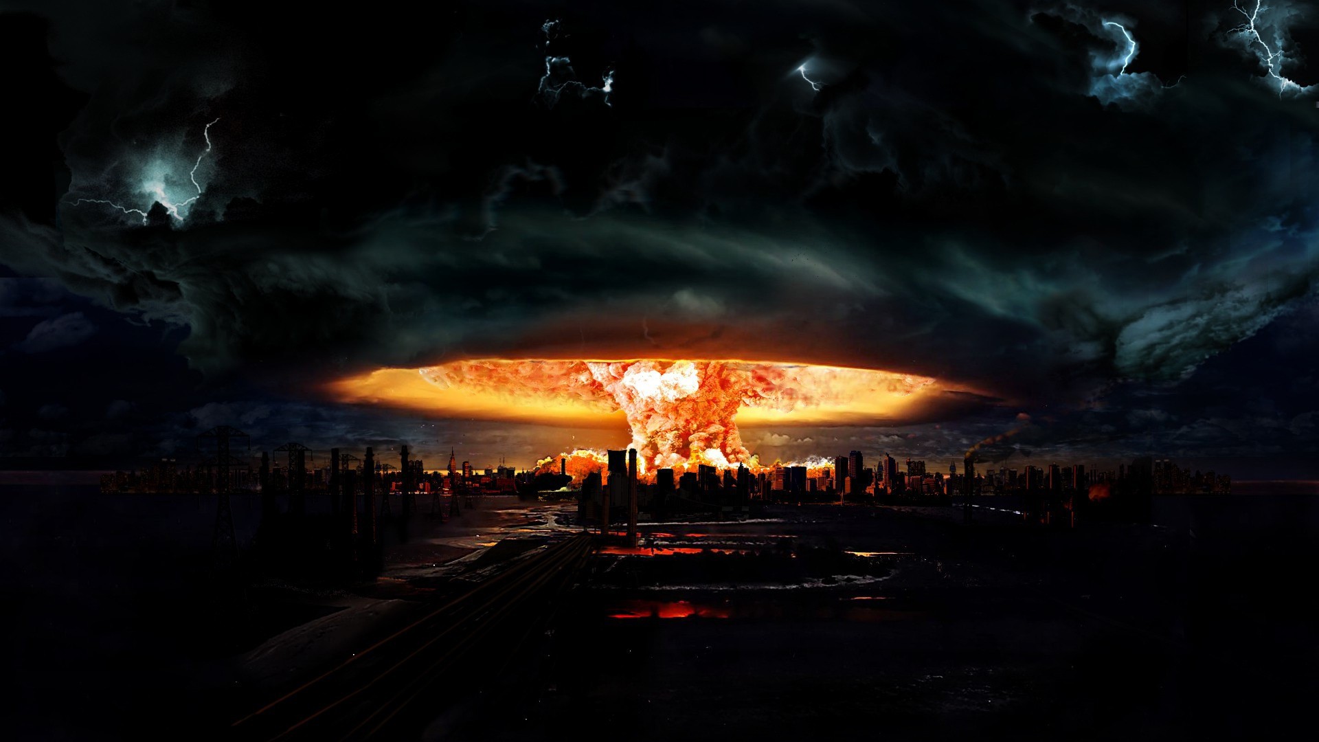 General 1920x1080 nuclear explosion cityscape city mushroom clouds fire apocalyptic lights atomic bomb digital art space eruption