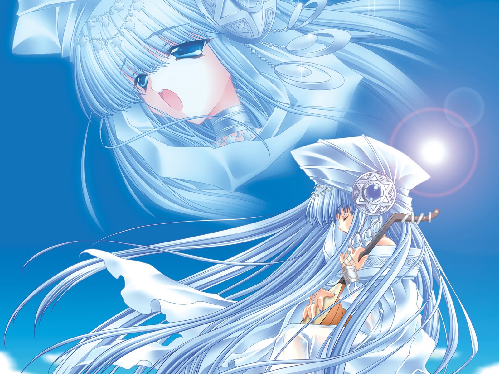 Anime 1600x1200 anime girls Moldavite anime open mouth blue background simple background blue hair blue eyes long hair musical instrument Sun