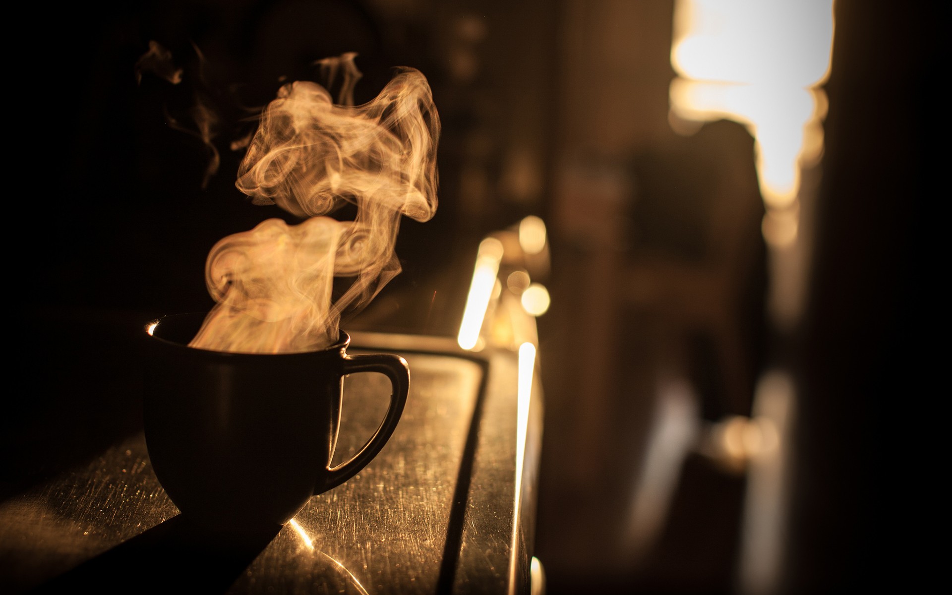 General 1920x1200 coffee mug cup drink depth of field macro smoke sunlight silhouette brown
