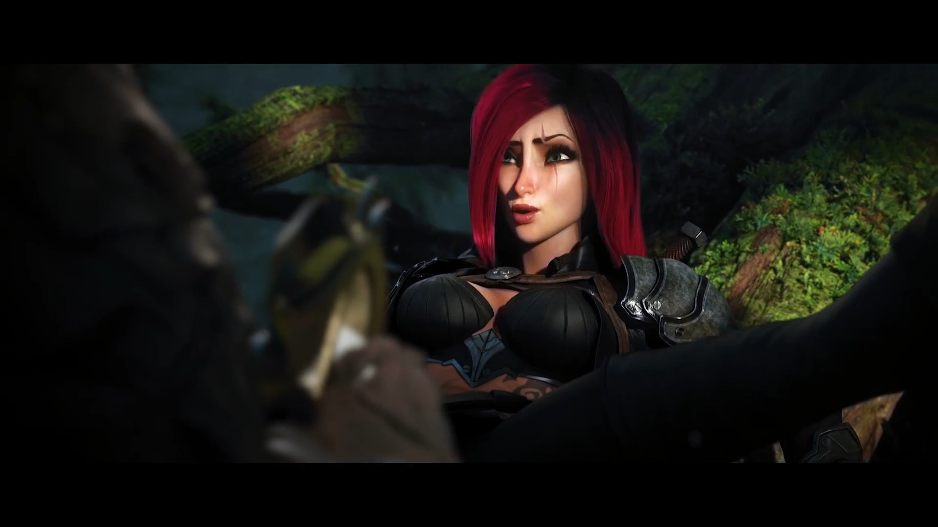 General 1920x1080 League of Legends animated movies spread legs Katarina (League of Legends) video games redhead video game girls PC gaming fantasy girl bra black bras red lipstick video game characters Rengar (League Of Legends)
