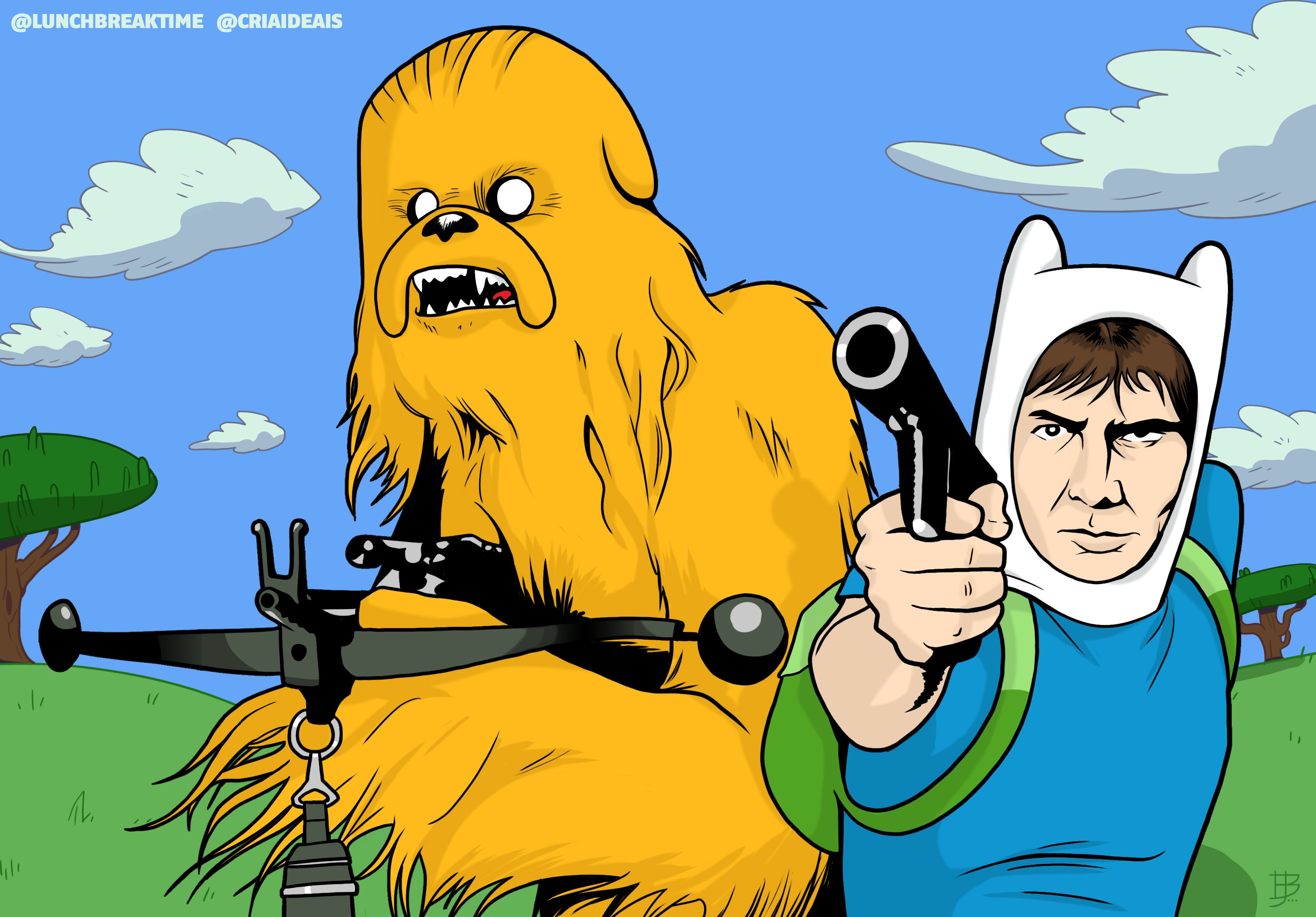 General 3110x2167 Adventure Time Star Wars Han Solo Harrison Ford Chewbacca face men Star Wars Humor science fiction Wookiees TV series digital art crossover watermarked gun boys with guns clouds Star Wars Heroes sky aiming grass trees