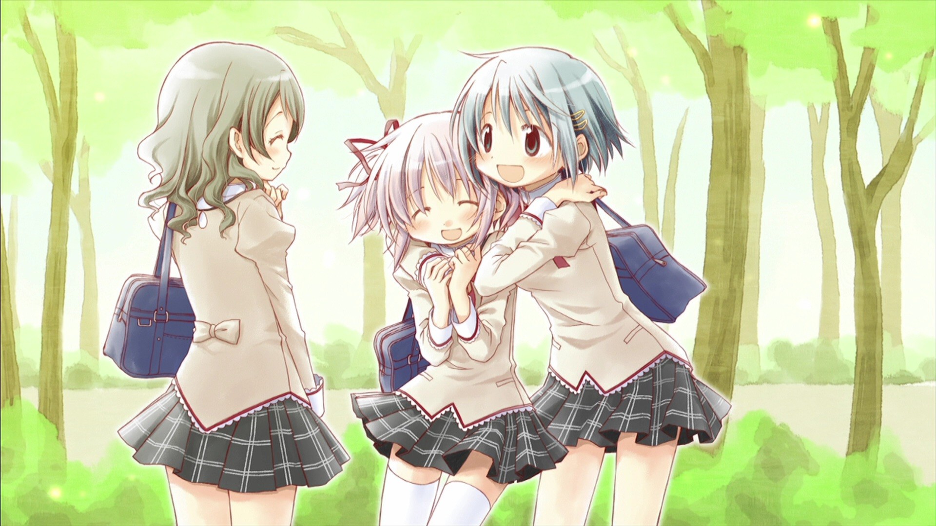 Anime 1920x1080 anime anime girls Kaname Madoka Miki Sayaka trees outdoors miniskirt women trio happy