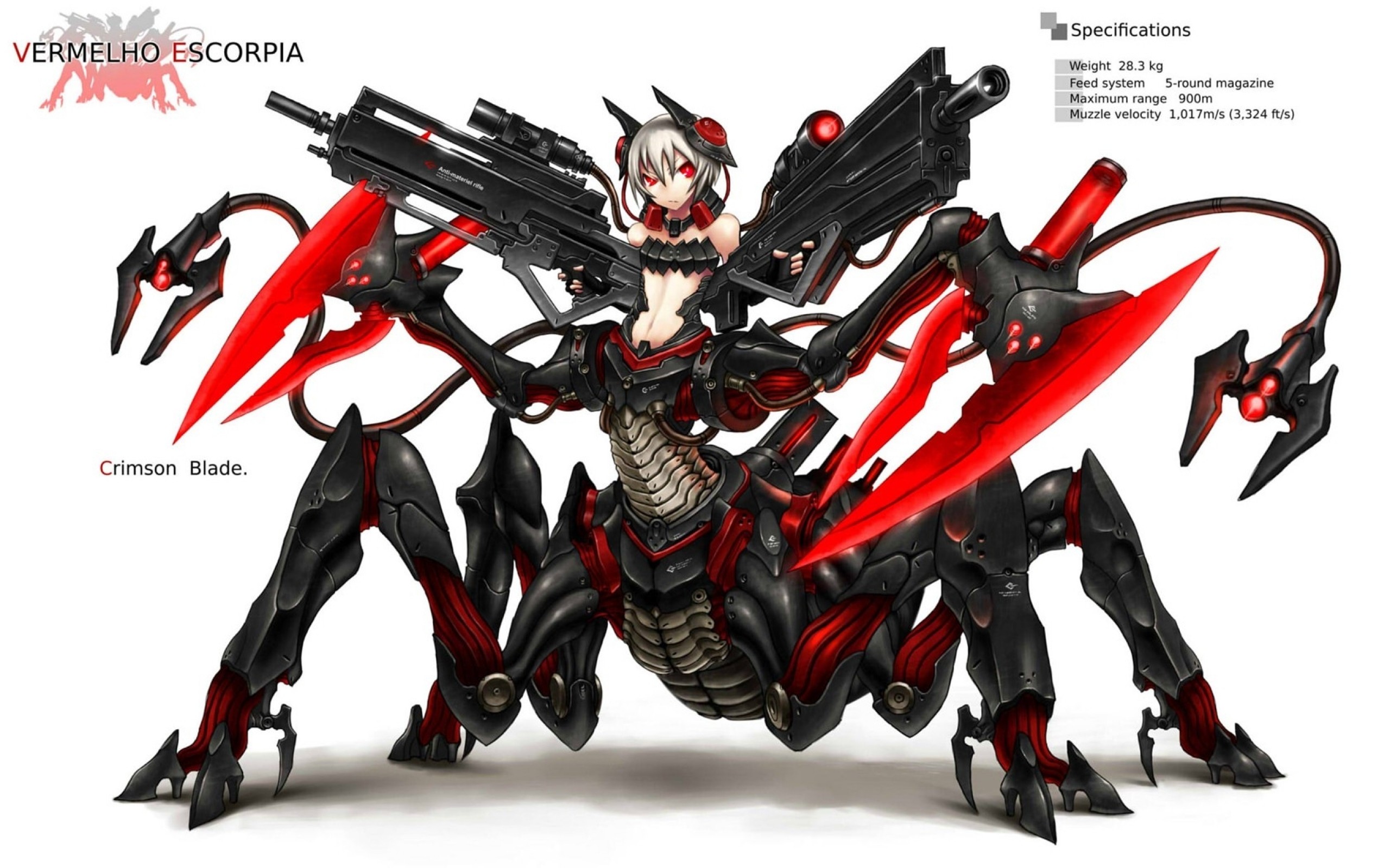 Anime 2560x1600 original characters mechs GiA anime girls weapon anime machine gun sniper rifle mecha girls science fiction red eyes simple background white background