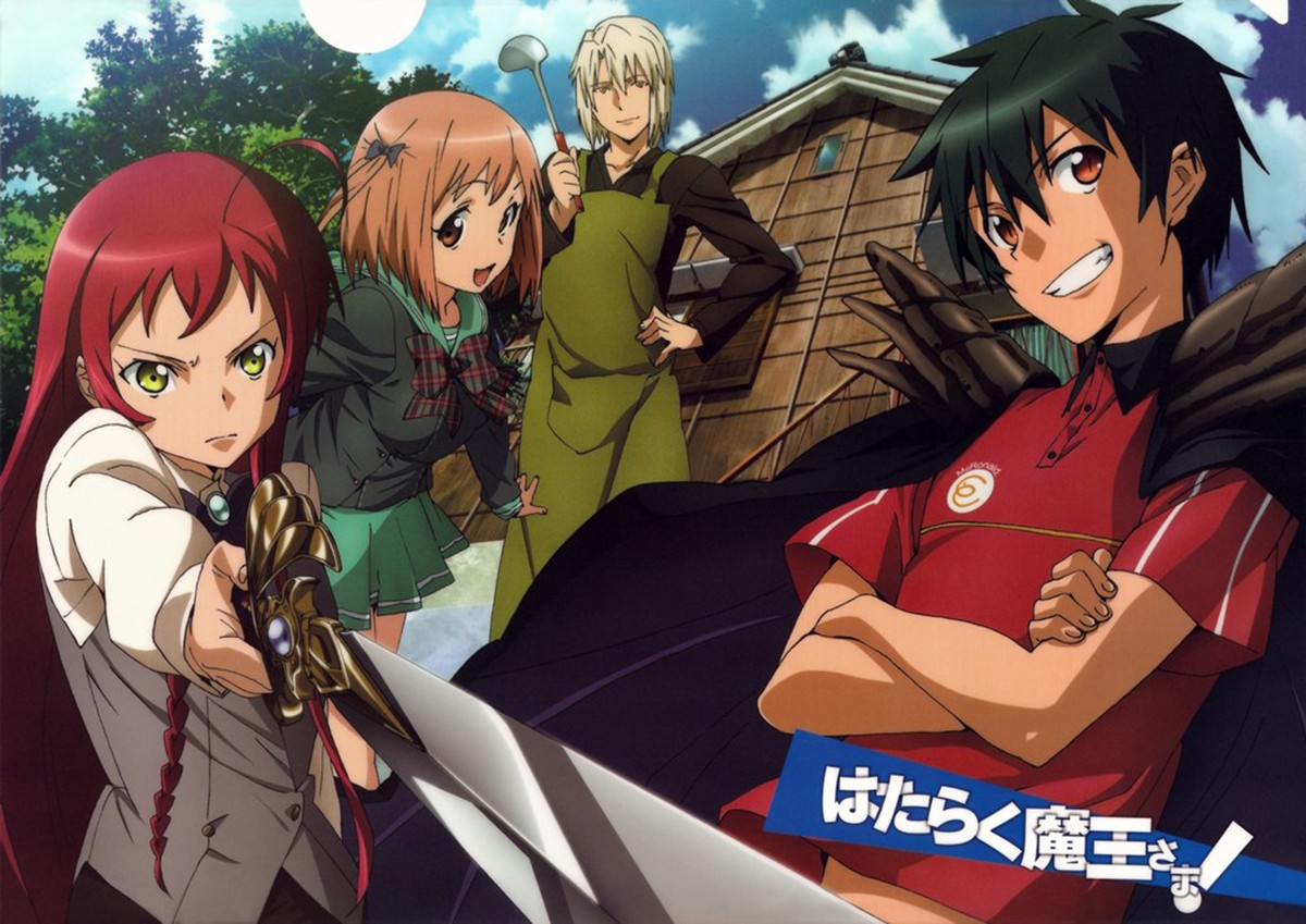 Anime 1200x849 anime anime girls anime boys Hataraku Maou-sama! women with swords redhead green eyes