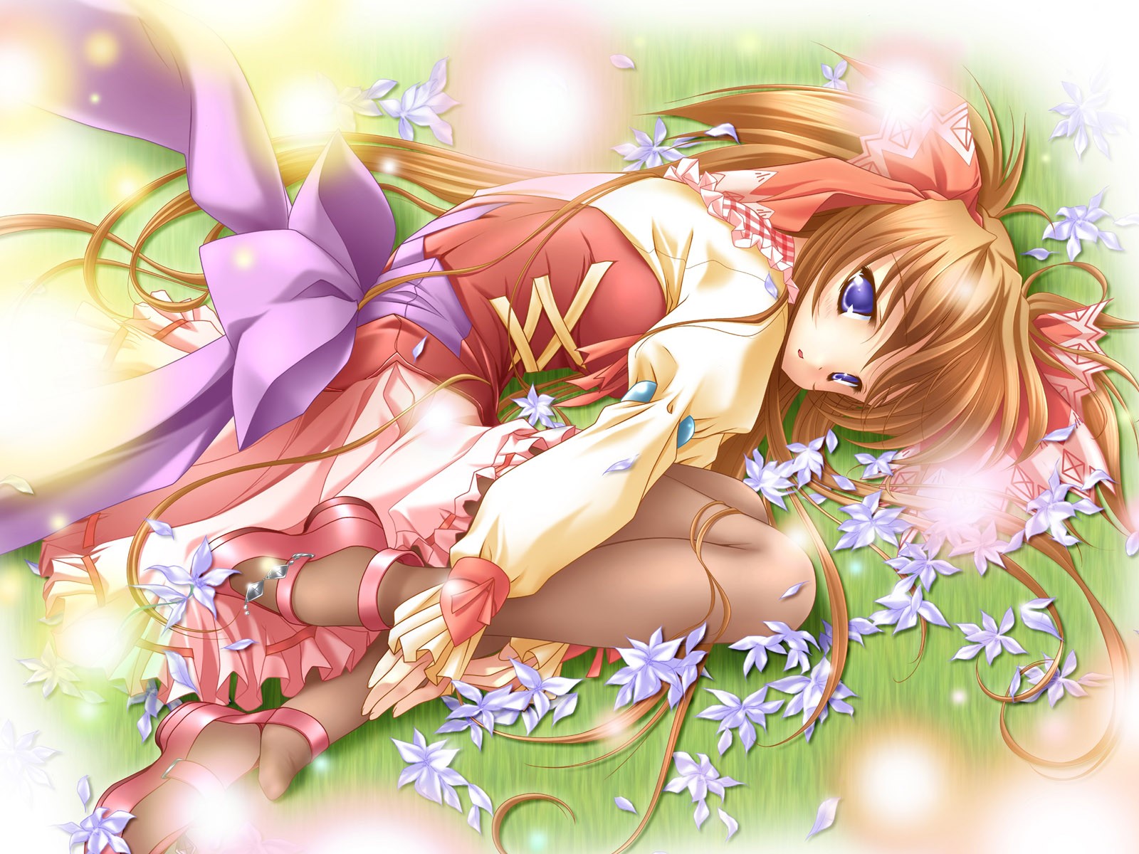 Anime 1600x1200 anime girls anime blue eyes long hair Platinum Wind Hoshi No Shi Ga Kikoetara Platinum Wind brunette lying down lying on side looking at viewer grass flowers twintails on the ground ground open mouth petals skirt frills sunlight