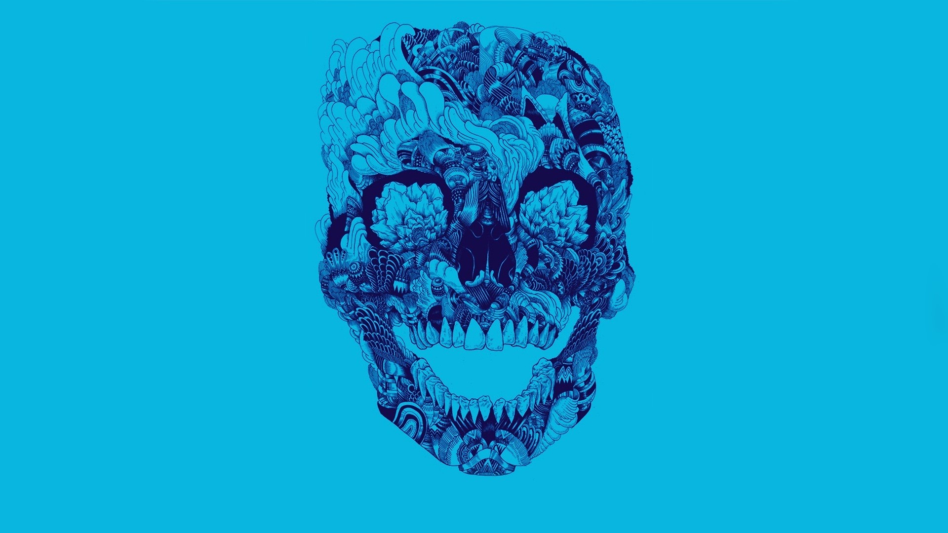 General 1920x1080 minimalism skull simple background blue background artwork teeth cyan background cyan blue