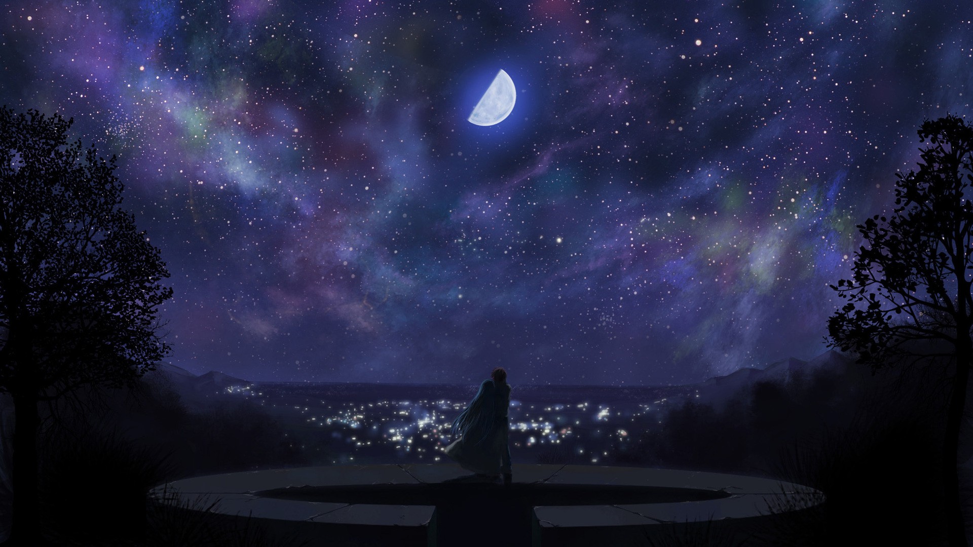 General 1920x1080 anime night artwork fantasy art Moon dark sky stars