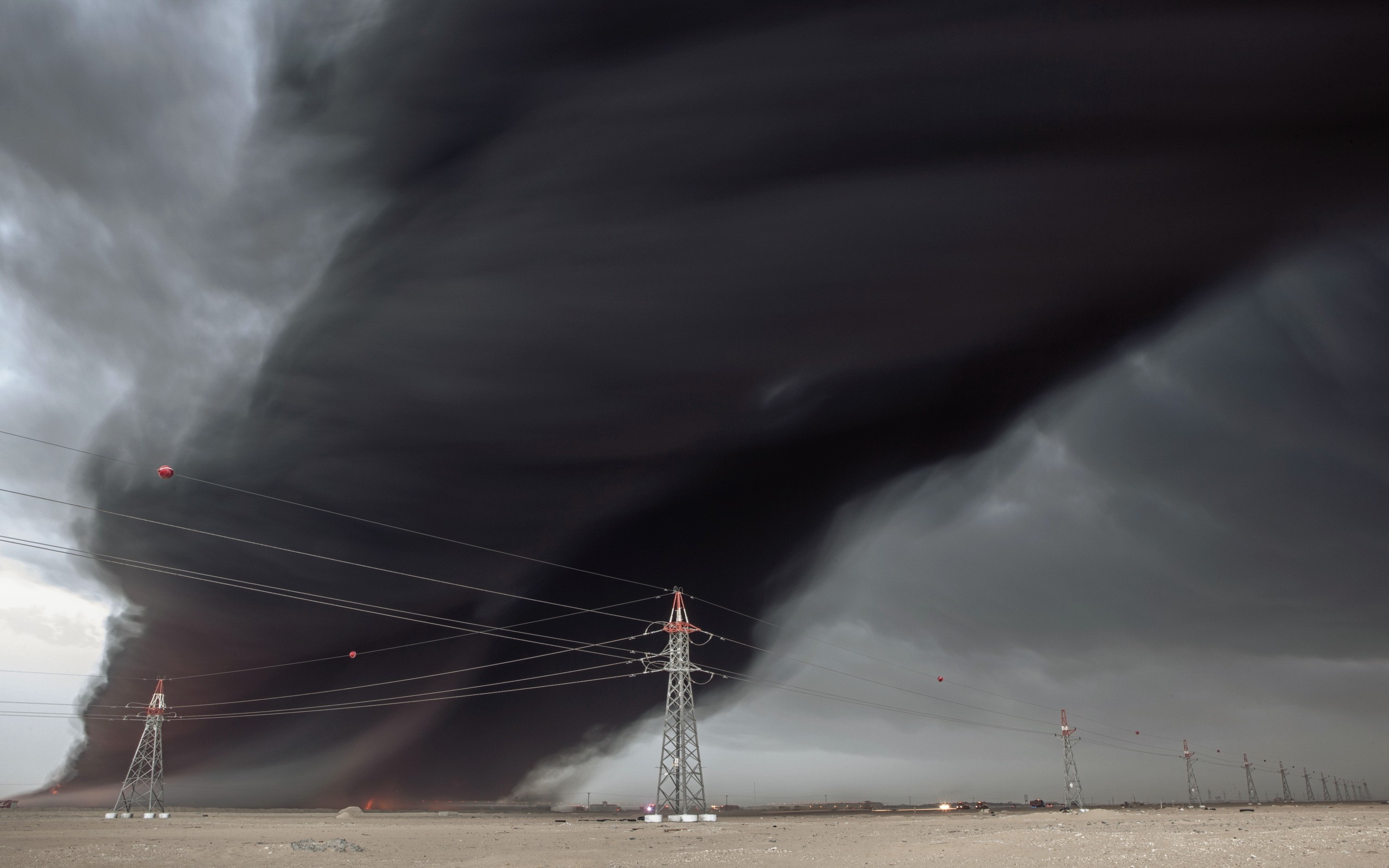 General 2560x1600 landscape smoke fire power lines gray desert outdoors sky