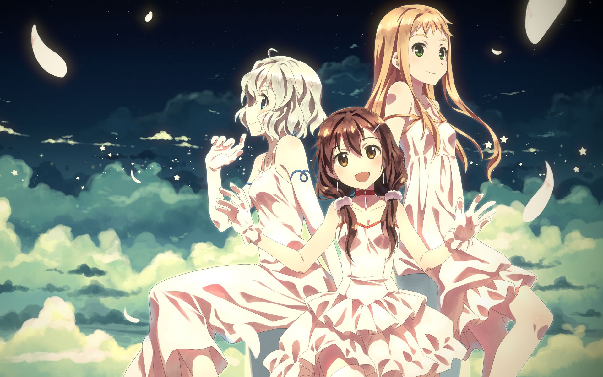 Anime 1920x1200 anime anime girls white dress clouds sky petals dress no bra sun dress Yuuki Tatsuya women trio open mouth green eyes