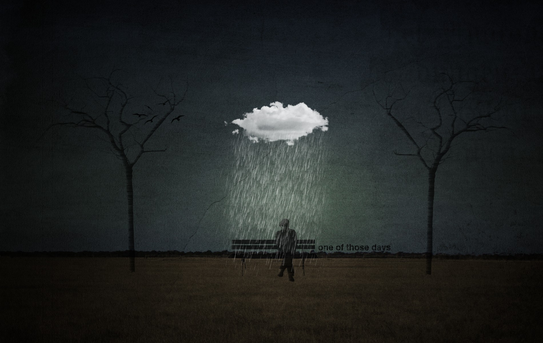 General 1900x1200 digital art artwork men silhouette trees ground horizon clouds rain bench sitting quote alone