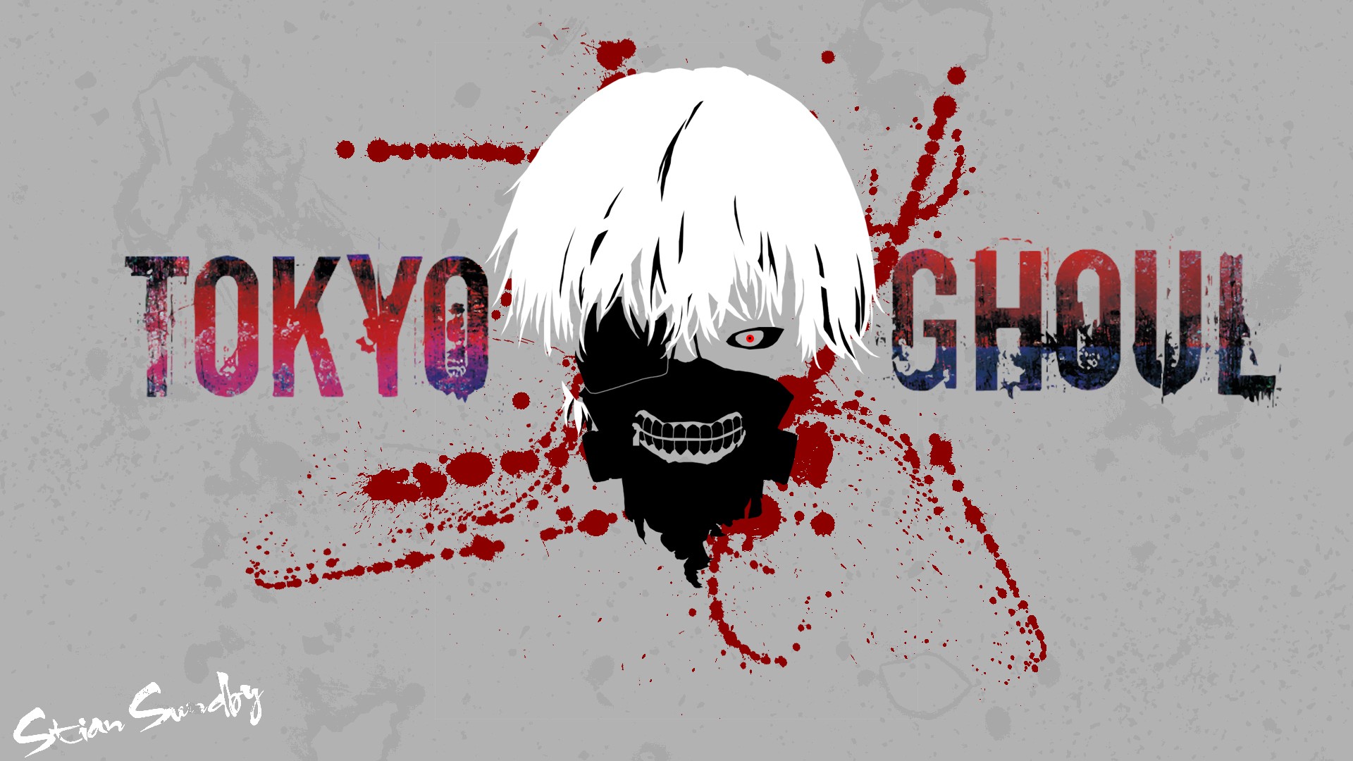 Anime 1920x1080 Tokyo Ghoul teeth red eyes Kaneki Ken white hair anime mask blood spatter